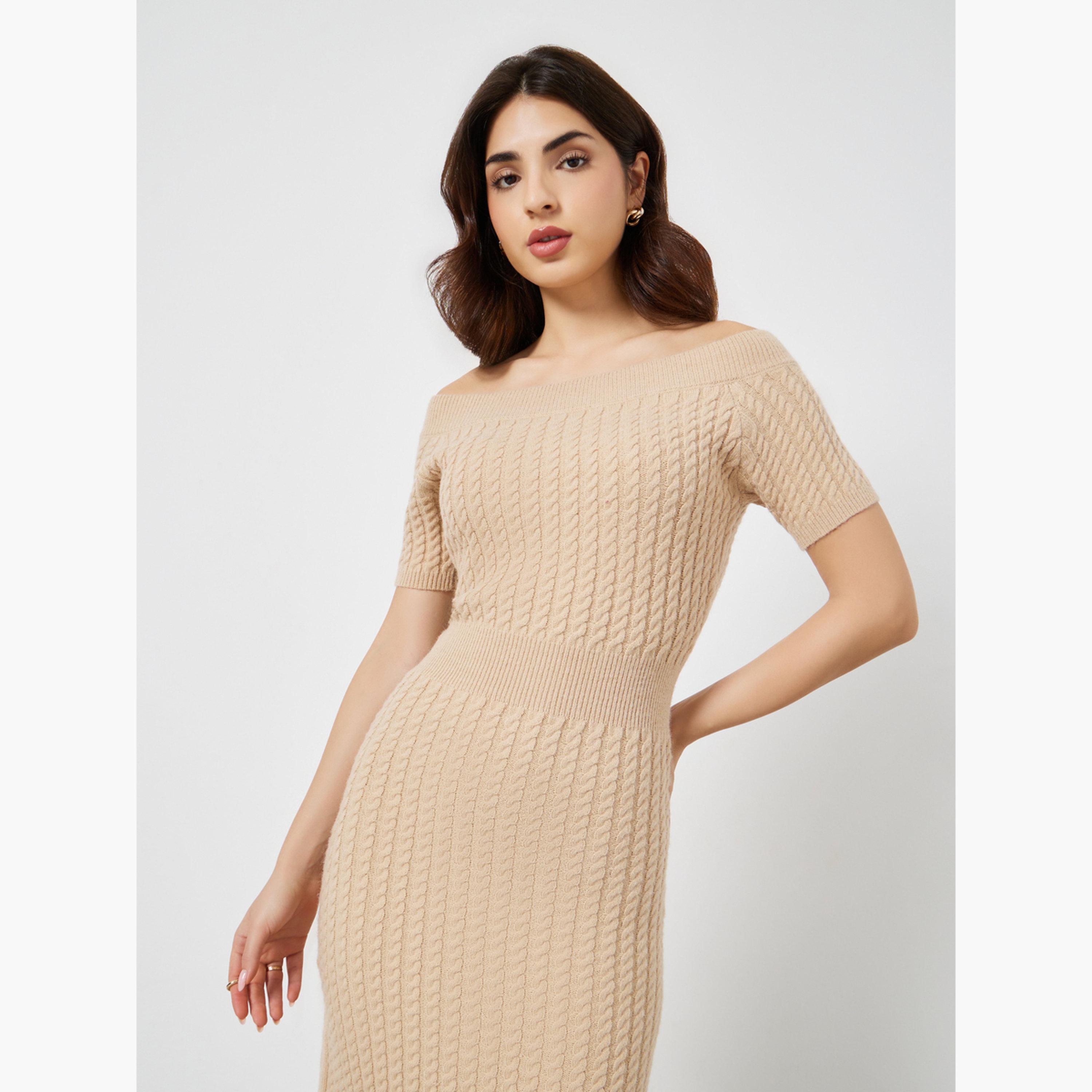 ستايلي - فستان متوسط الطول صوف بيج بنقشة متشابكة-women-clothing-dresses-image-3