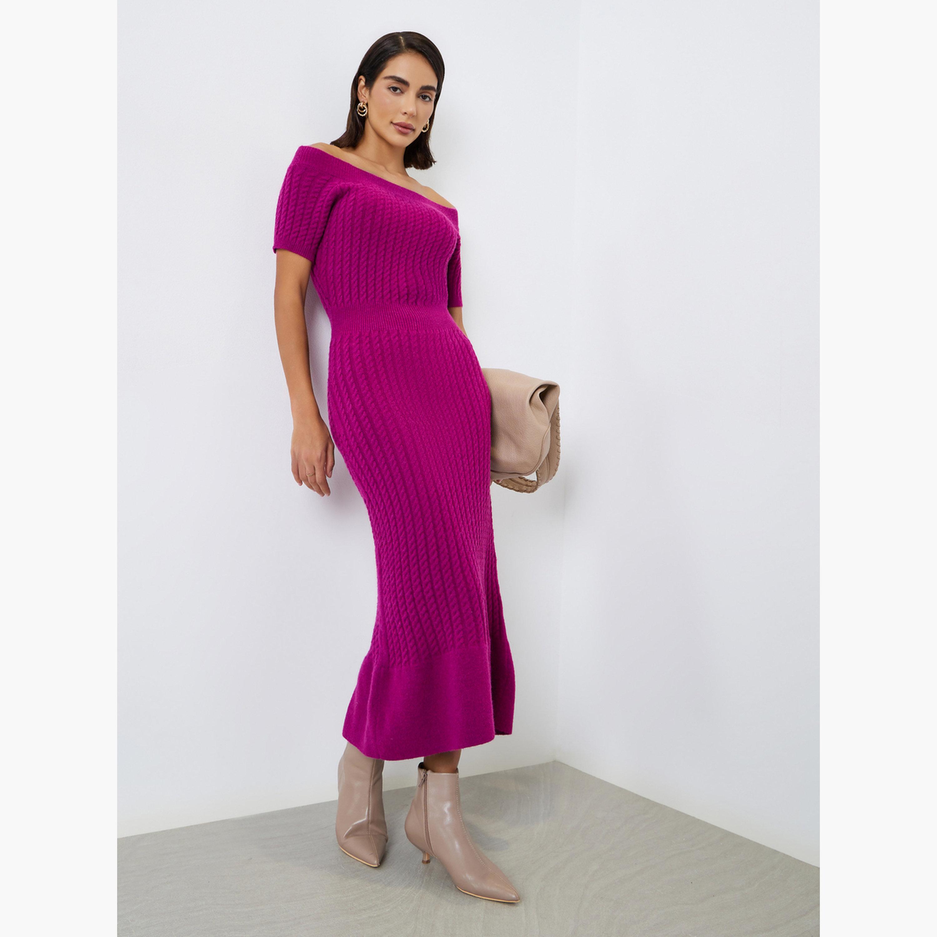 ستايلي - فستان متوسط ​​الطول من الصوف المحبوك لون بنفسجي-women-clothing-dresses-image-1