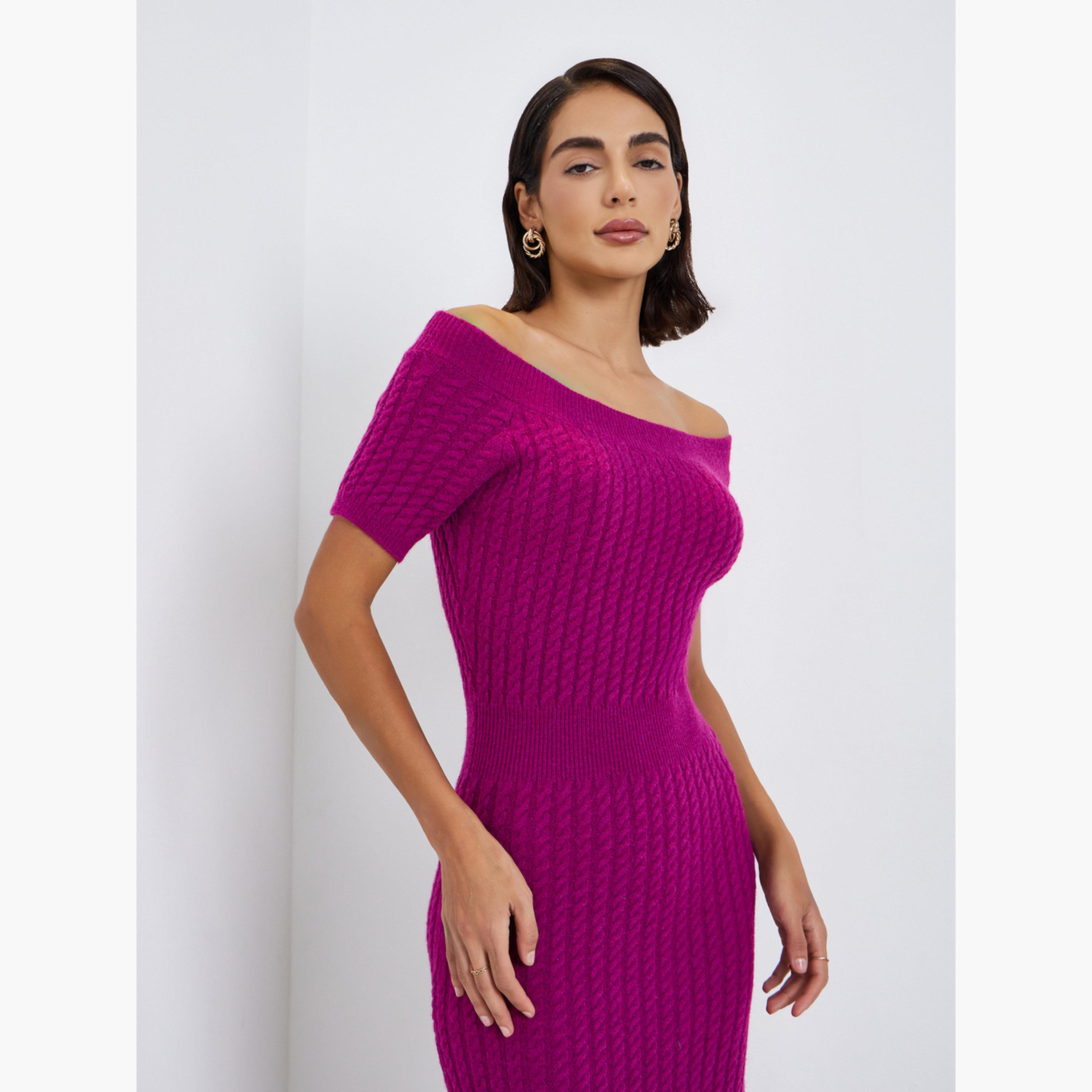 ستايلي - فستان متوسط ​​الطول من الصوف المحبوك لون بنفسجي-women-clothing-dresses-image-2