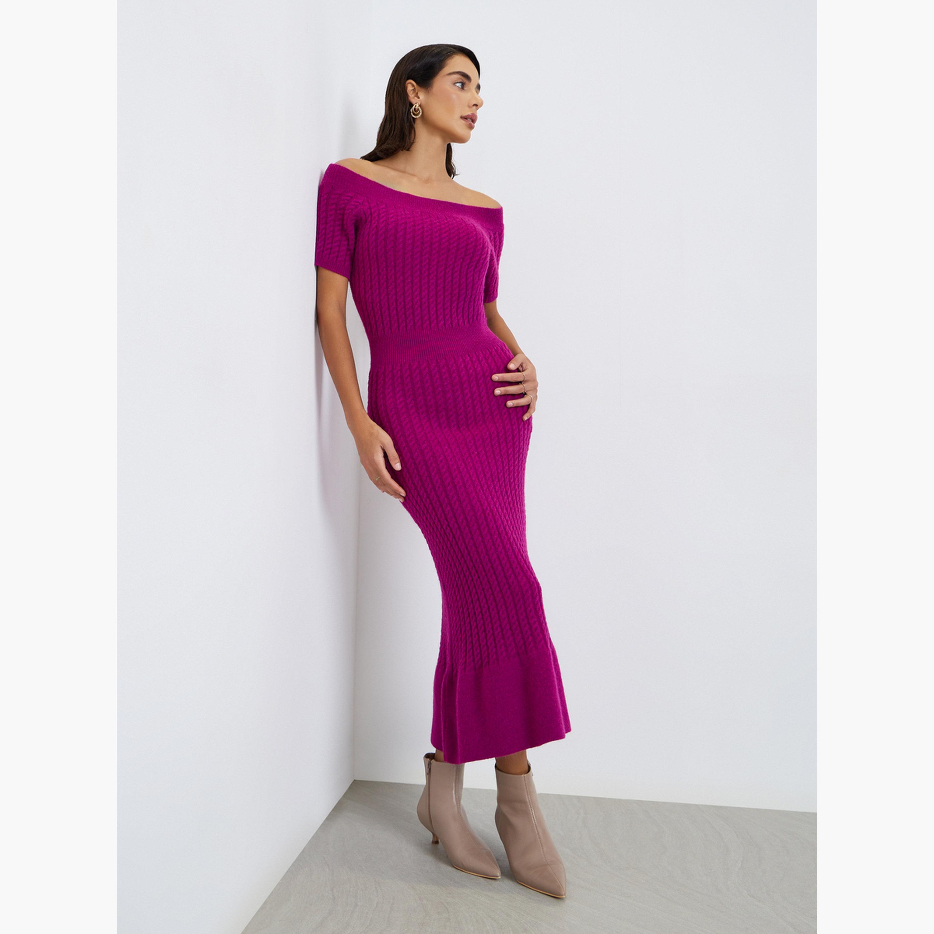 ستايلي - فستان متوسط ​​الطول من الصوف المحبوك لون بنفسجي-women-clothing-dresses-image-3