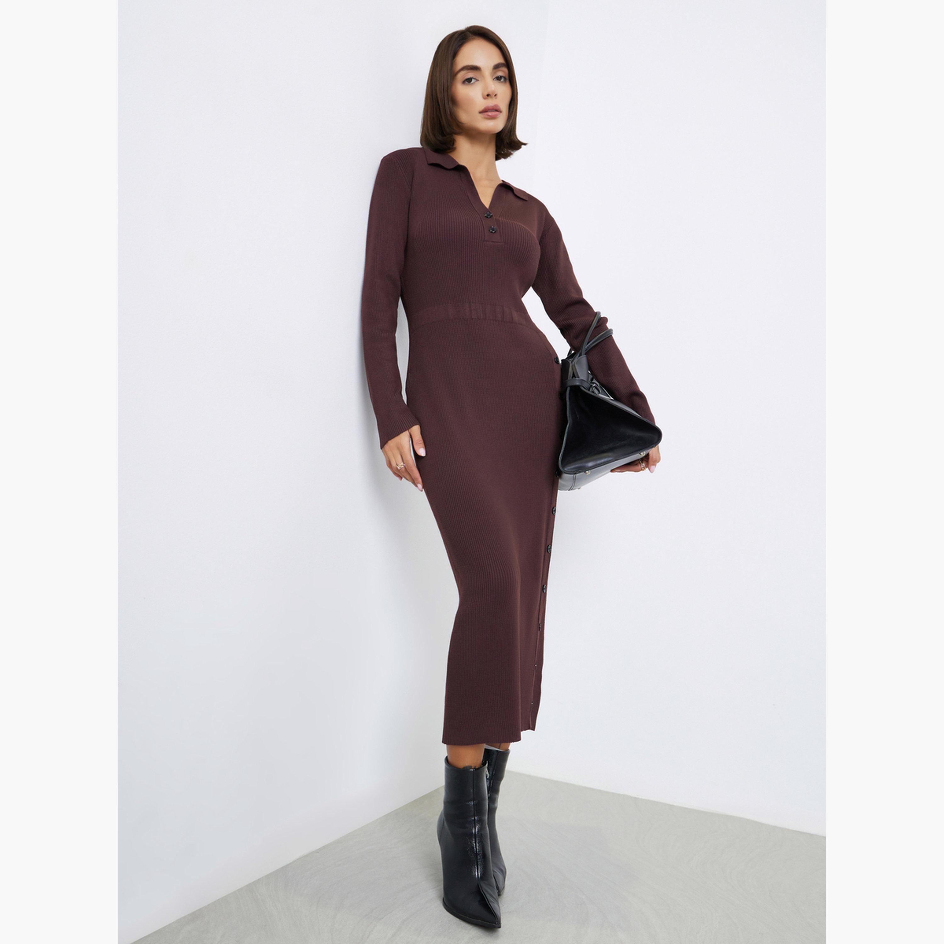 Styli Women Brown Ribbed Knit Sweater Midi Dress-women-clothing-dresses-image-1