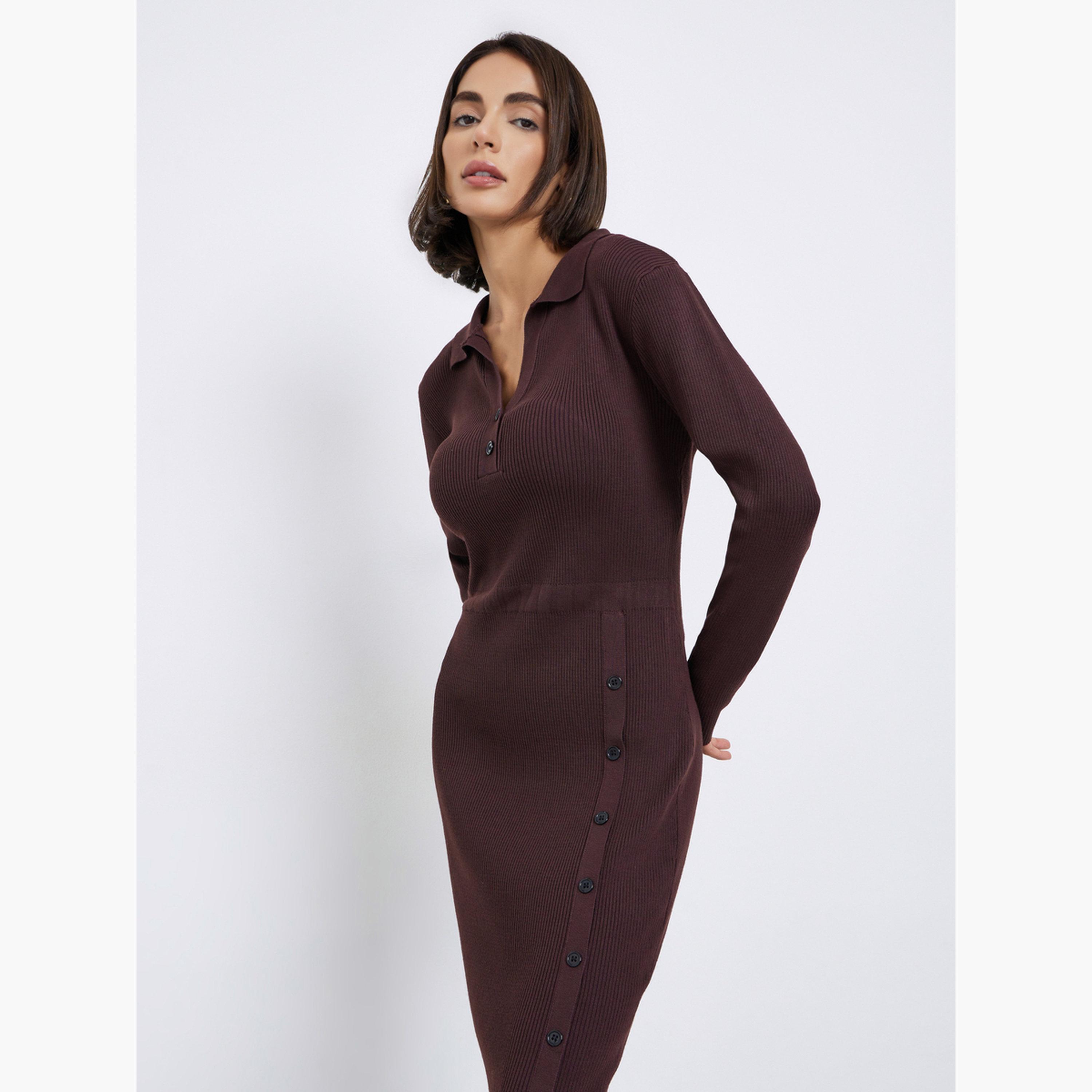 Styli Women Brown Ribbed Knit Sweater Midi Dress-women-clothing-dresses-image-2