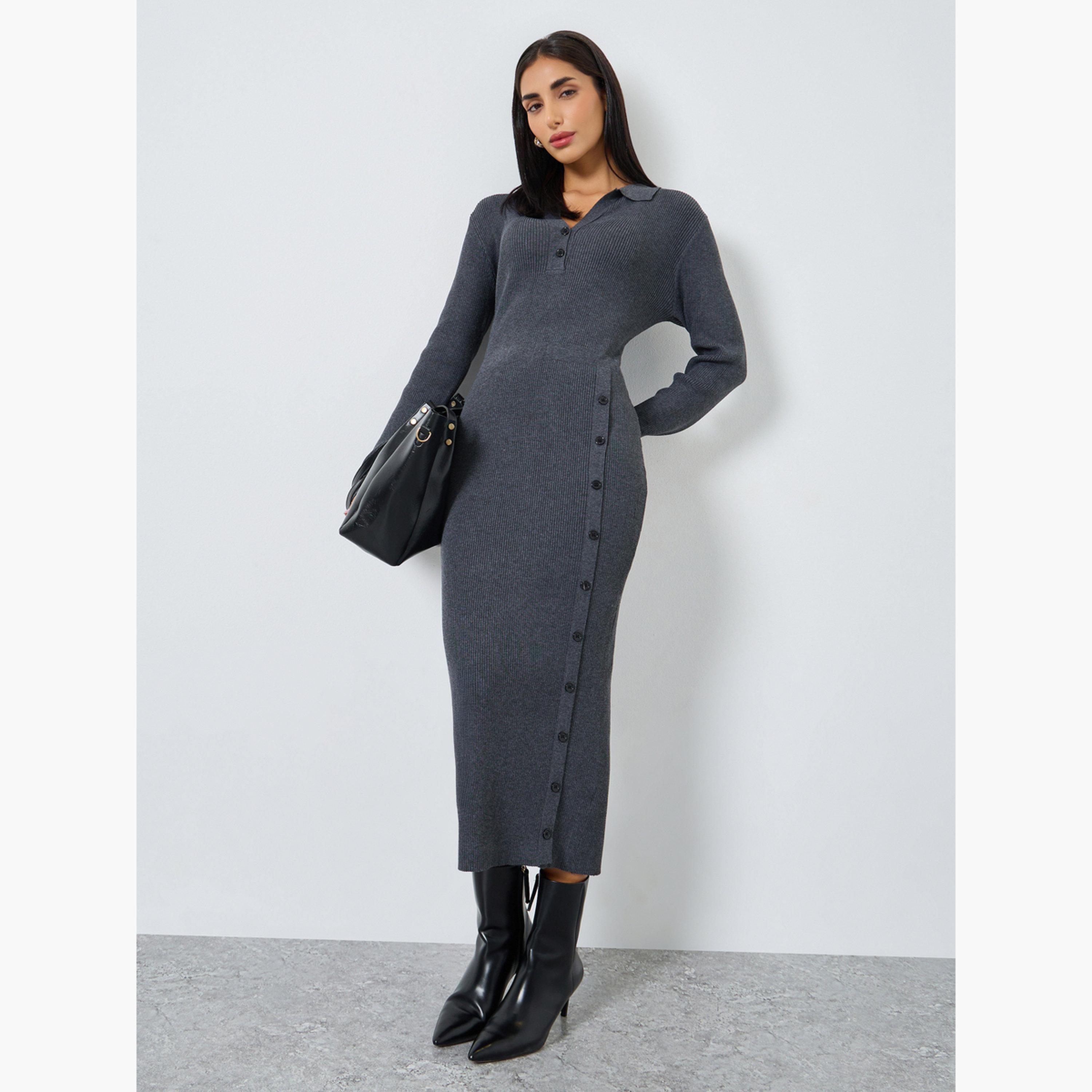 ستايلي - فستان متوسط ​​الطول من الصوف الرمادي المضلع للنساء-women-clothing-dresses-image-1