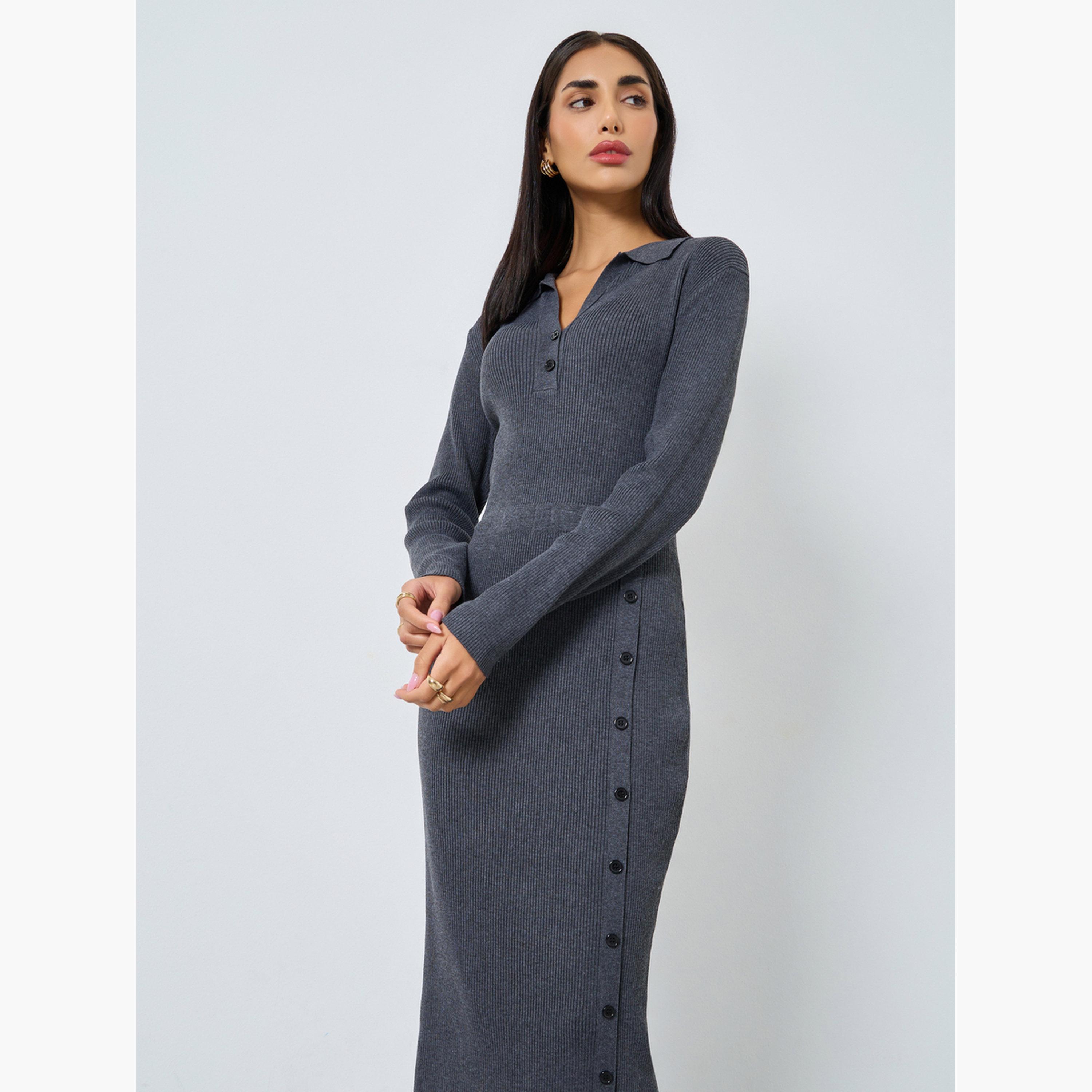 ستايلي - فستان متوسط ​​الطول من الصوف الرمادي المضلع للنساء-women-clothing-dresses-image-2