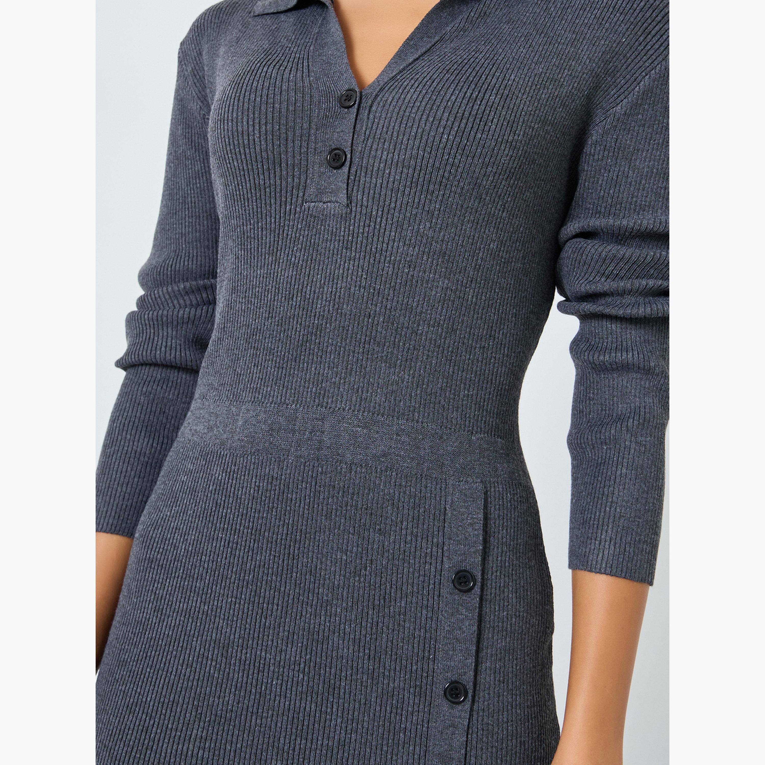 ستايلي - فستان متوسط ​​الطول من الصوف الرمادي المضلع للنساء-women-clothing-dresses-image-4