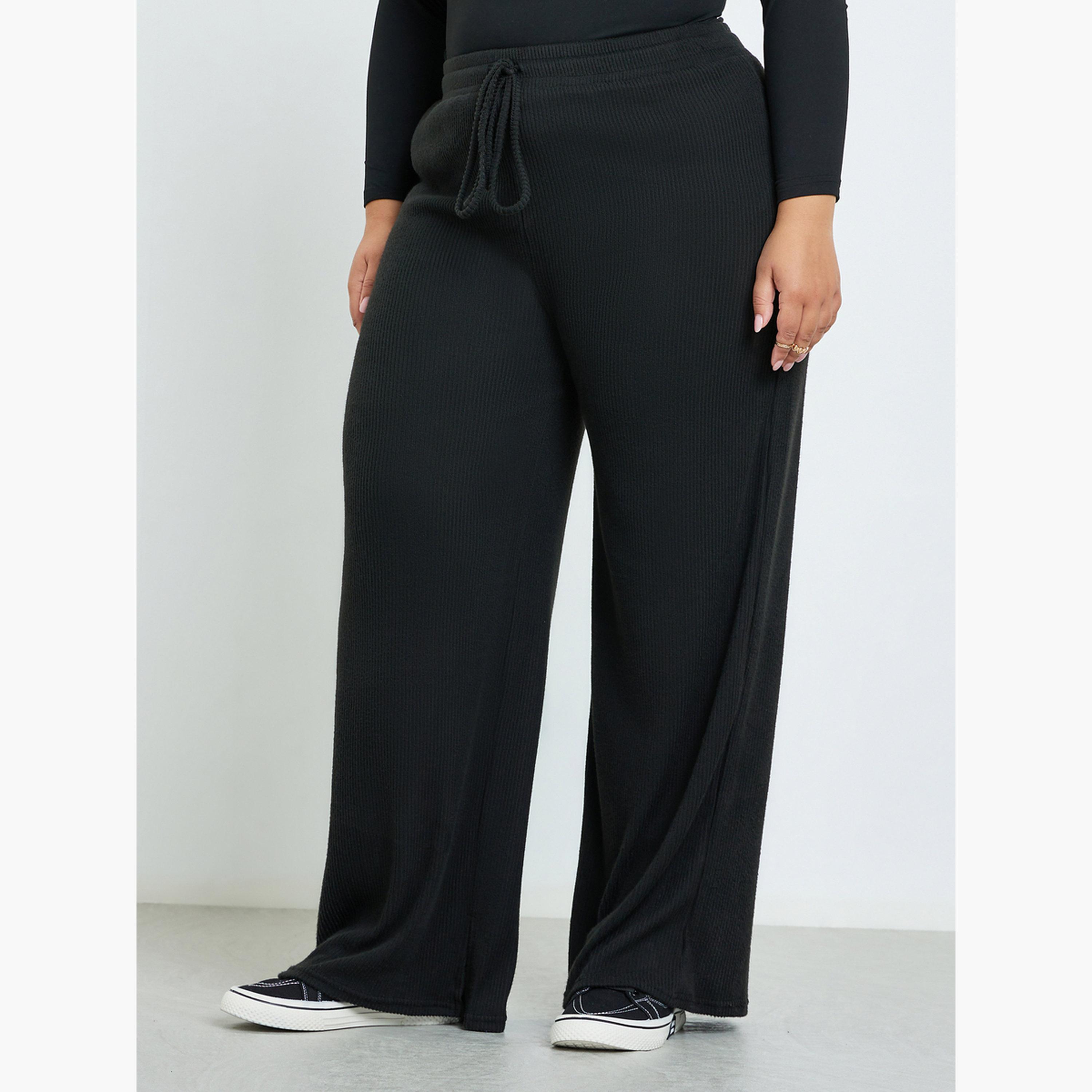 Styli Women Plus Size Black Knit Wide Leg Trousers-women-clothing-bottoms-trousers-image-1
