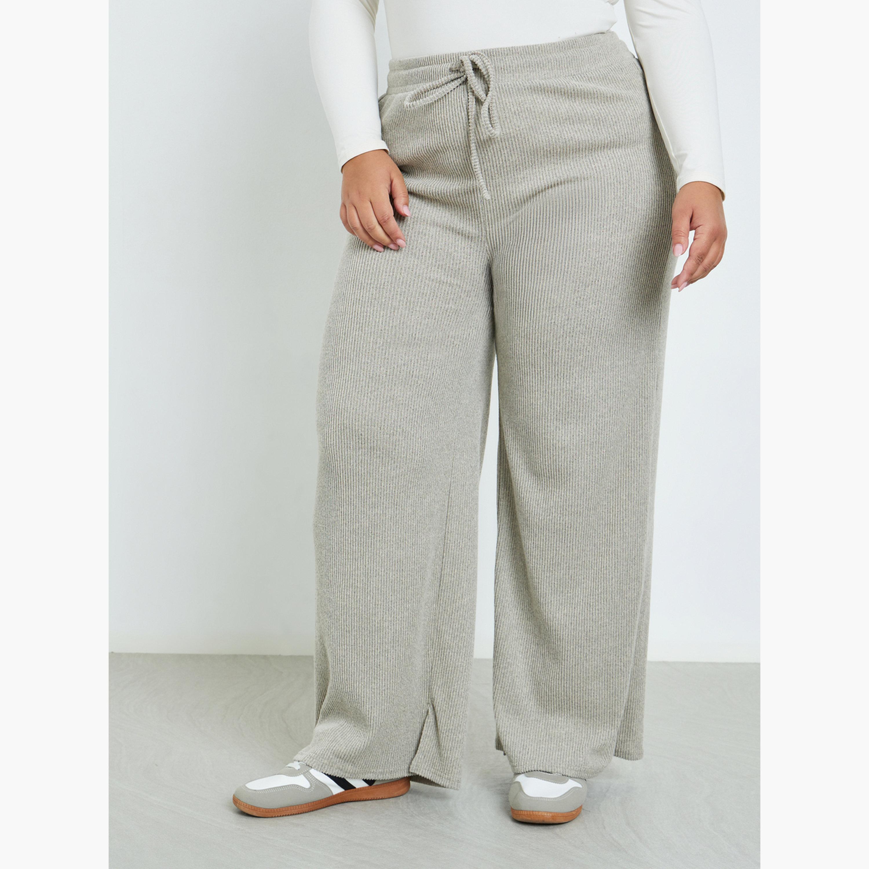 Styli Women Plus Size Grey Knit Wide Leg Trousers-women-clothing-bottoms-trousers-image-1
