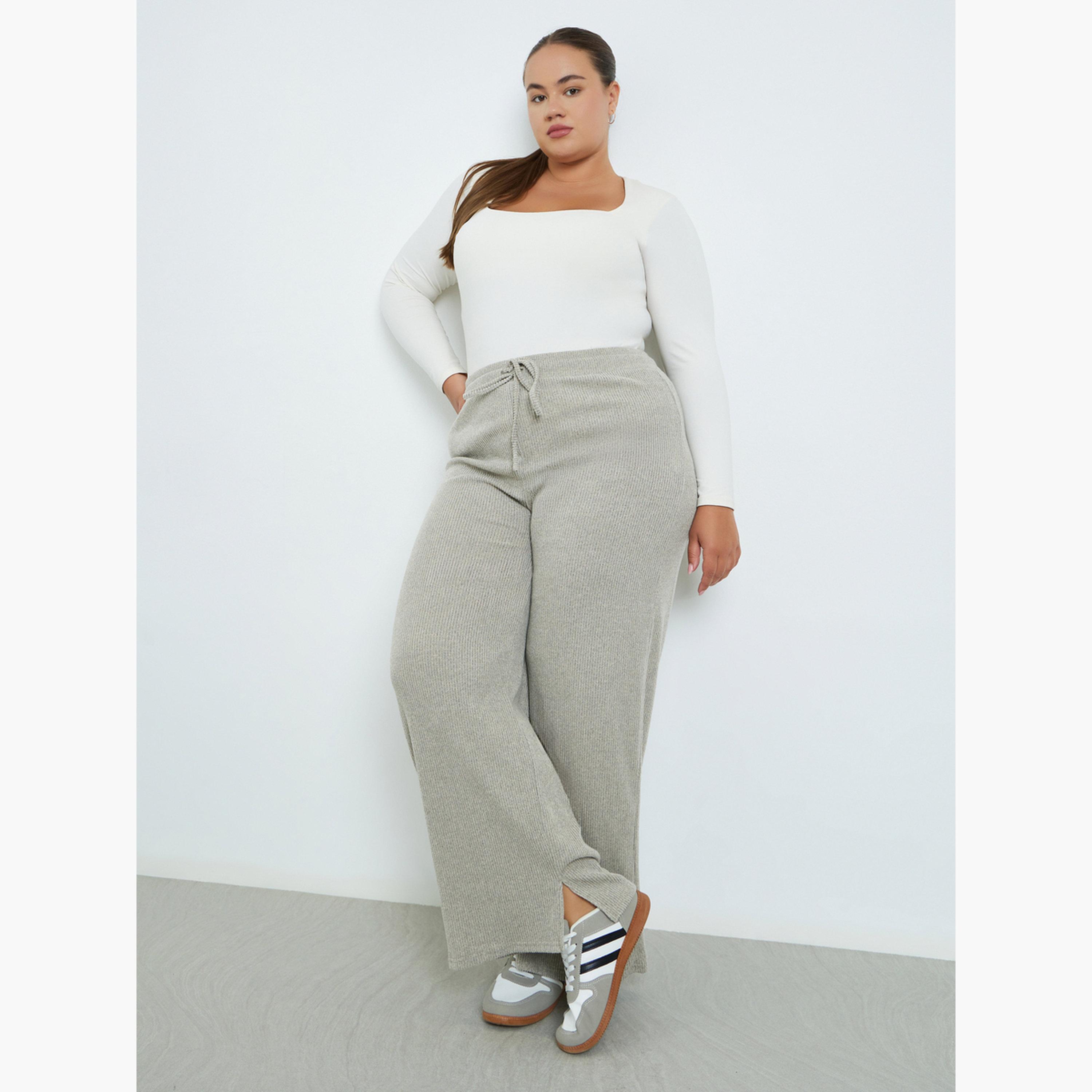 Styli Women Plus Size Grey Knit Wide Leg Trousers-women-clothing-bottoms-trousers-image-2