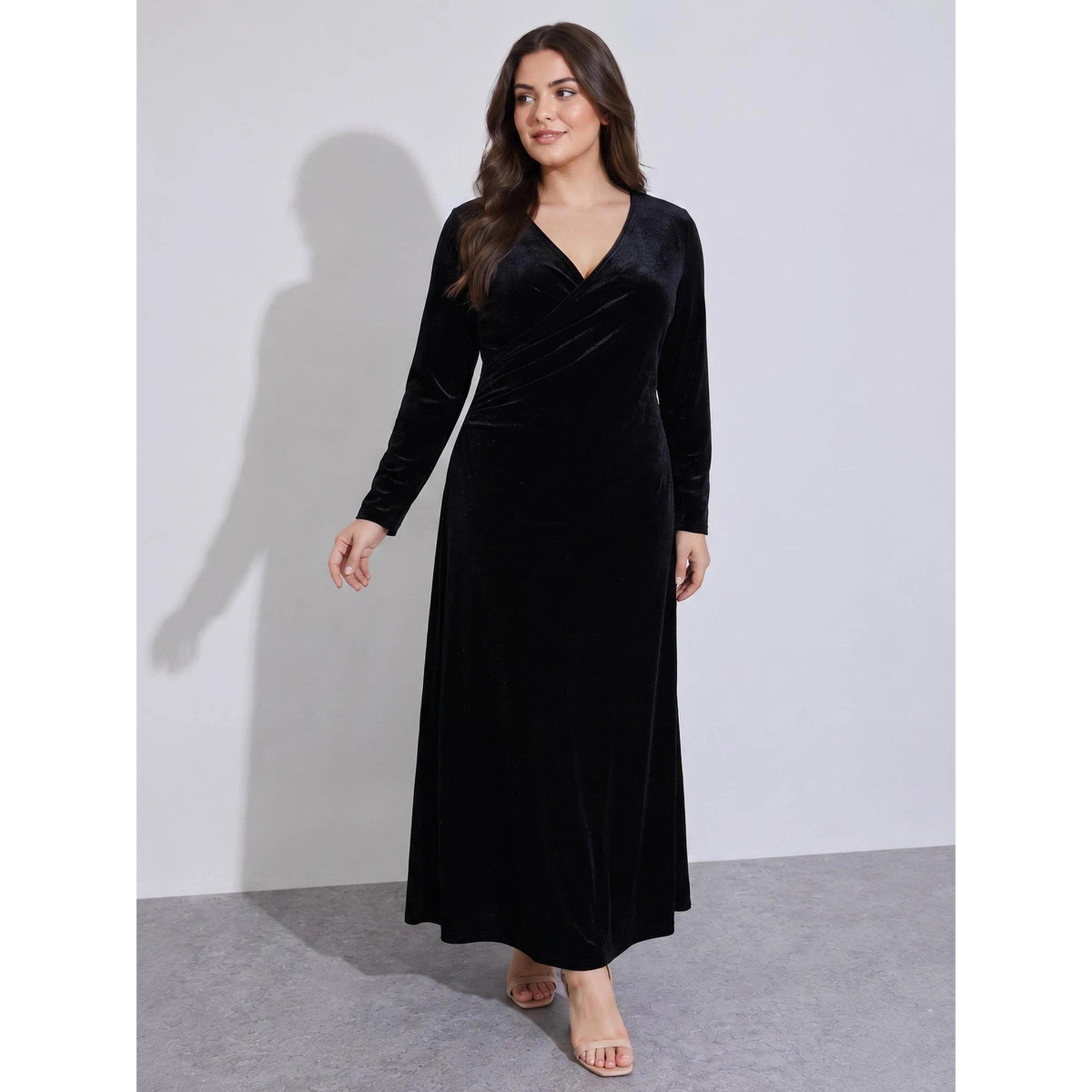 ستايلي - فستان ماكسي أسود سادة ياقة V وأكمام طويلة من المخمل تصميم A مقاس كبير من-women-clothing-dresses-image-1