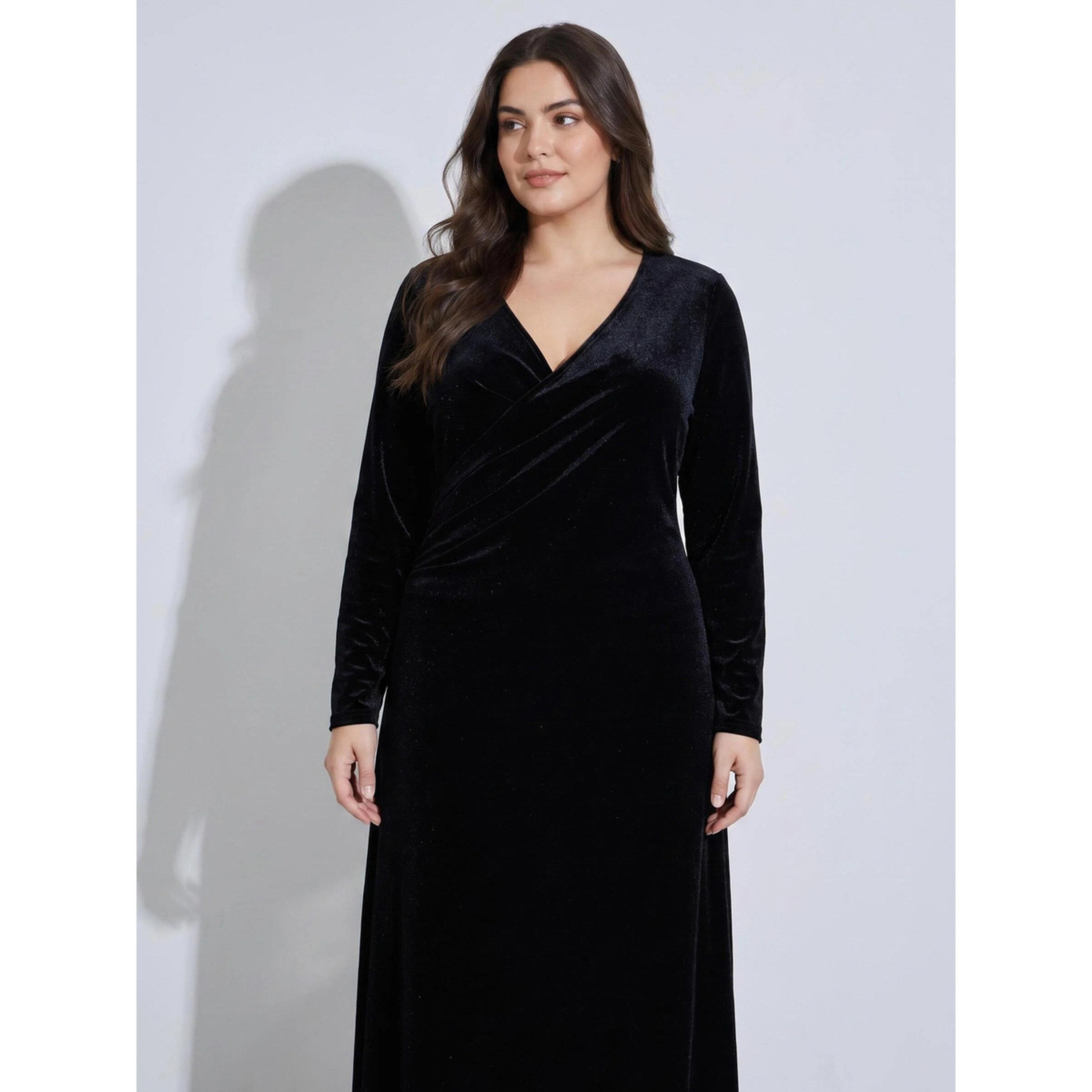 ستايلي - فستان ماكسي أسود سادة ياقة V وأكمام طويلة من المخمل تصميم A مقاس كبير من-women-clothing-dresses-image-2