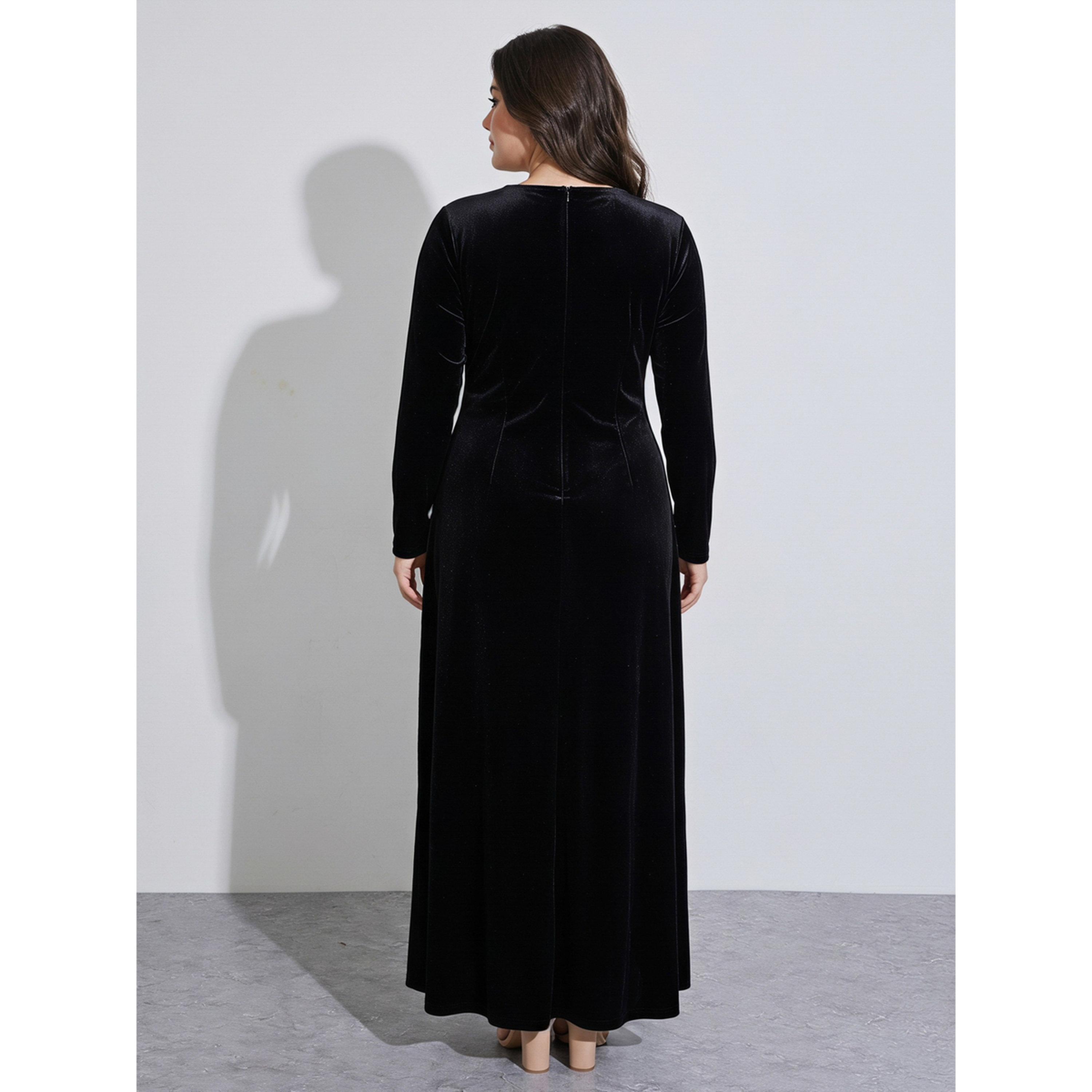 ستايلي - فستان ماكسي أسود سادة ياقة V وأكمام طويلة من المخمل تصميم A مقاس كبير من-women-clothing-dresses-image-3