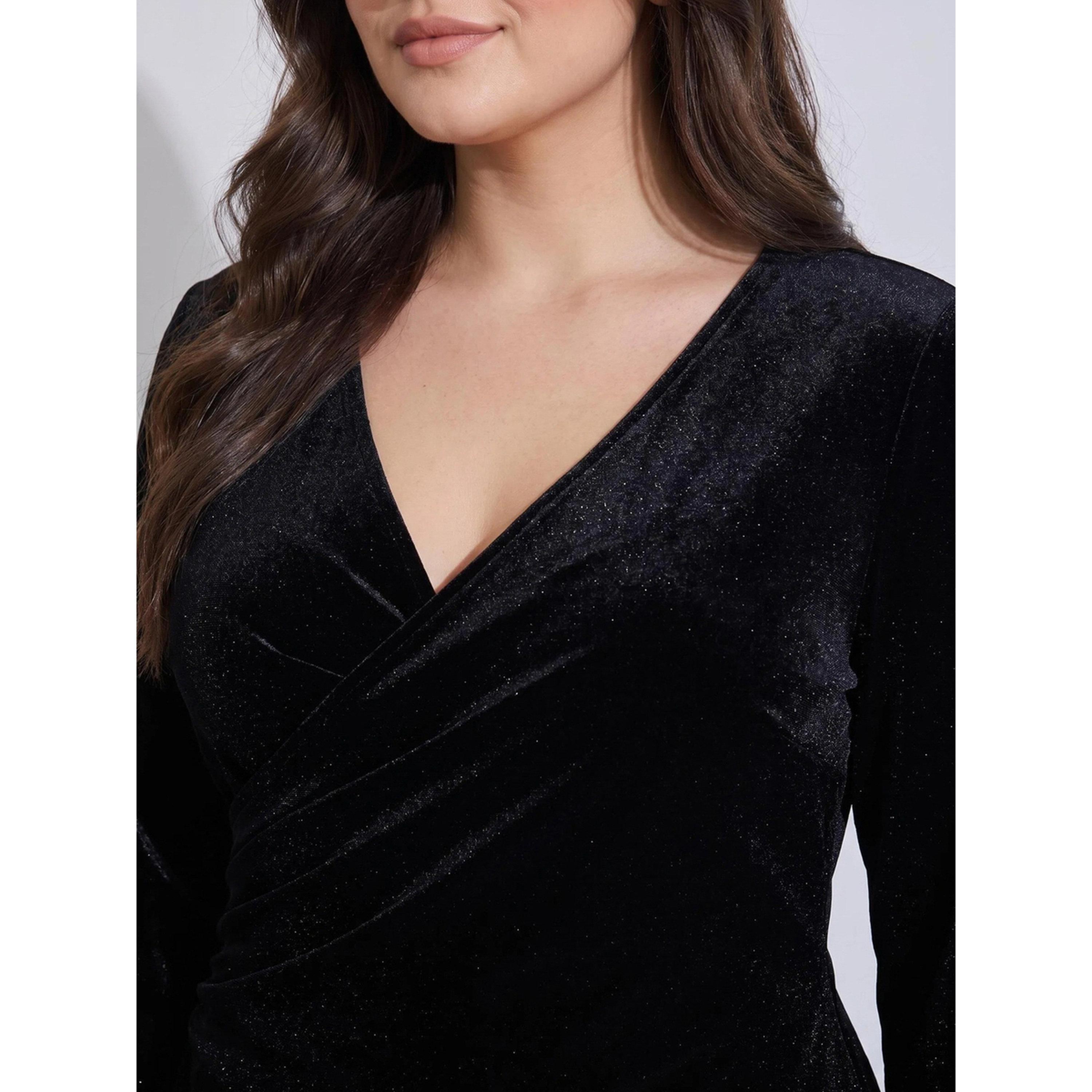 ستايلي - فستان ماكسي أسود سادة ياقة V وأكمام طويلة من المخمل تصميم A مقاس كبير من-women-clothing-dresses-image-4