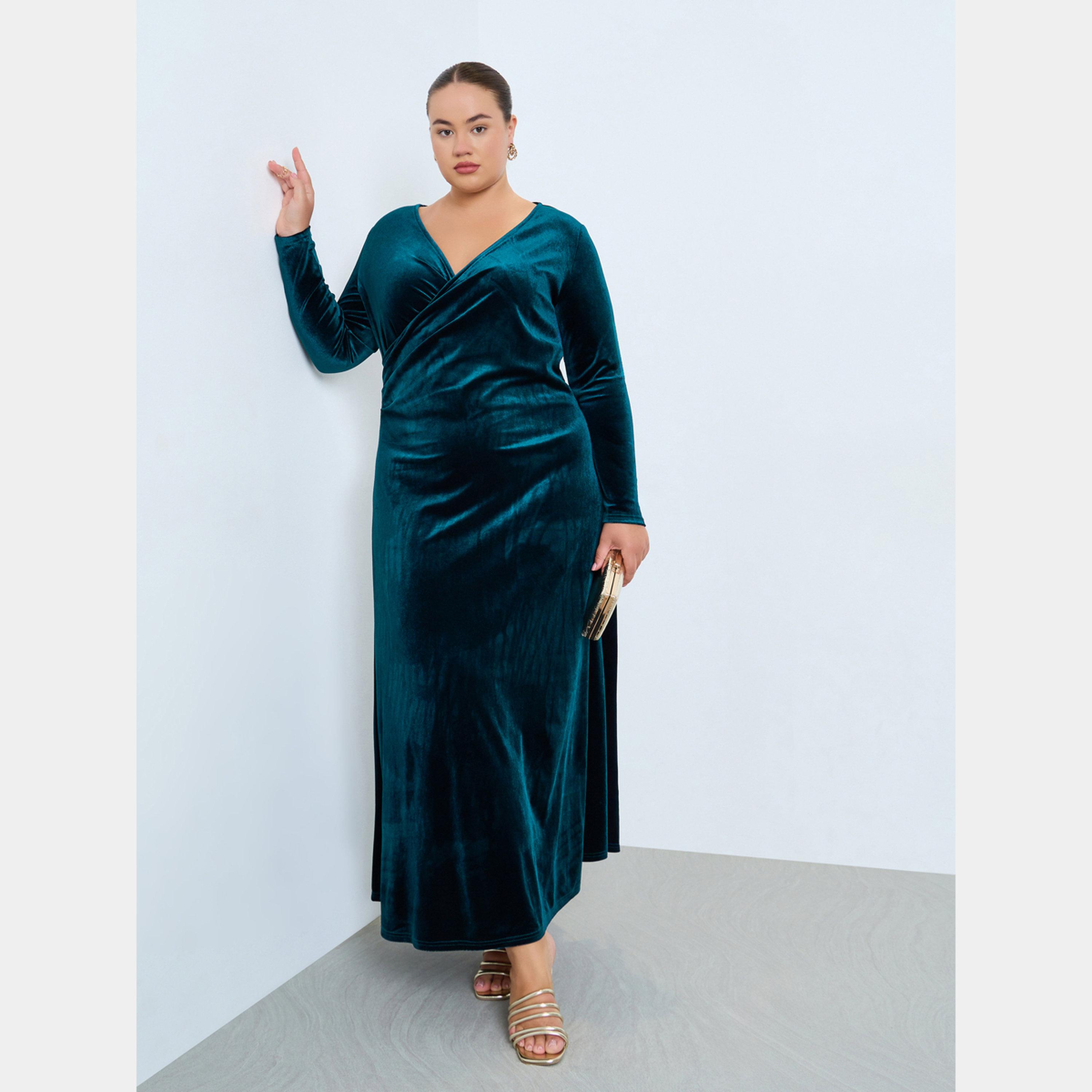 Styli Plus Size Velvet Look V-Neck Long Sleeves Women's Wrap Maxi Dress-women-clothing-dresses-image-1