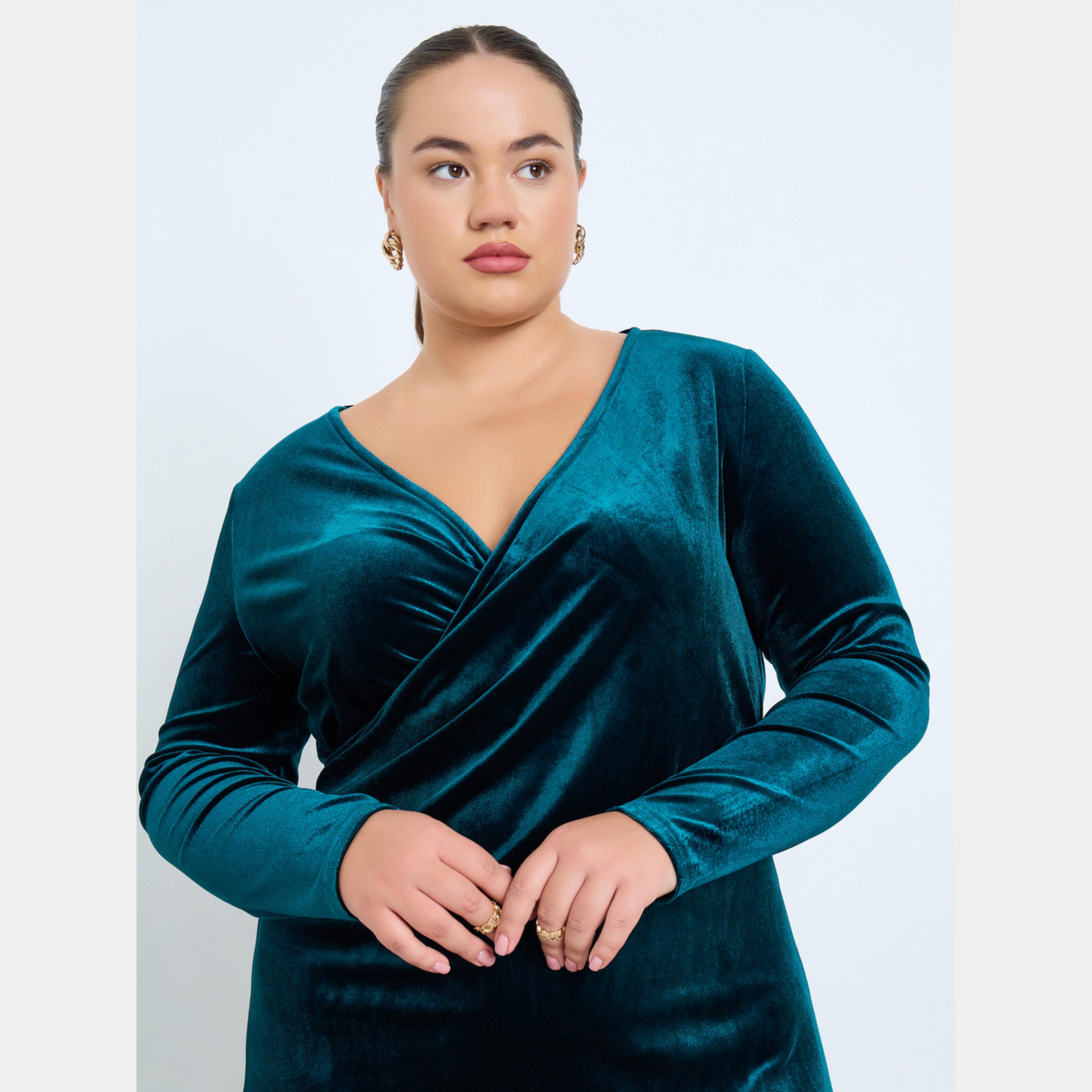 ستايلي - فستان ماكسي ملفوف بأكمام طويلة رقبة حرف V ومظهر مخملي بمقاس واسع للنساء-women-clothing-dresses-image-3