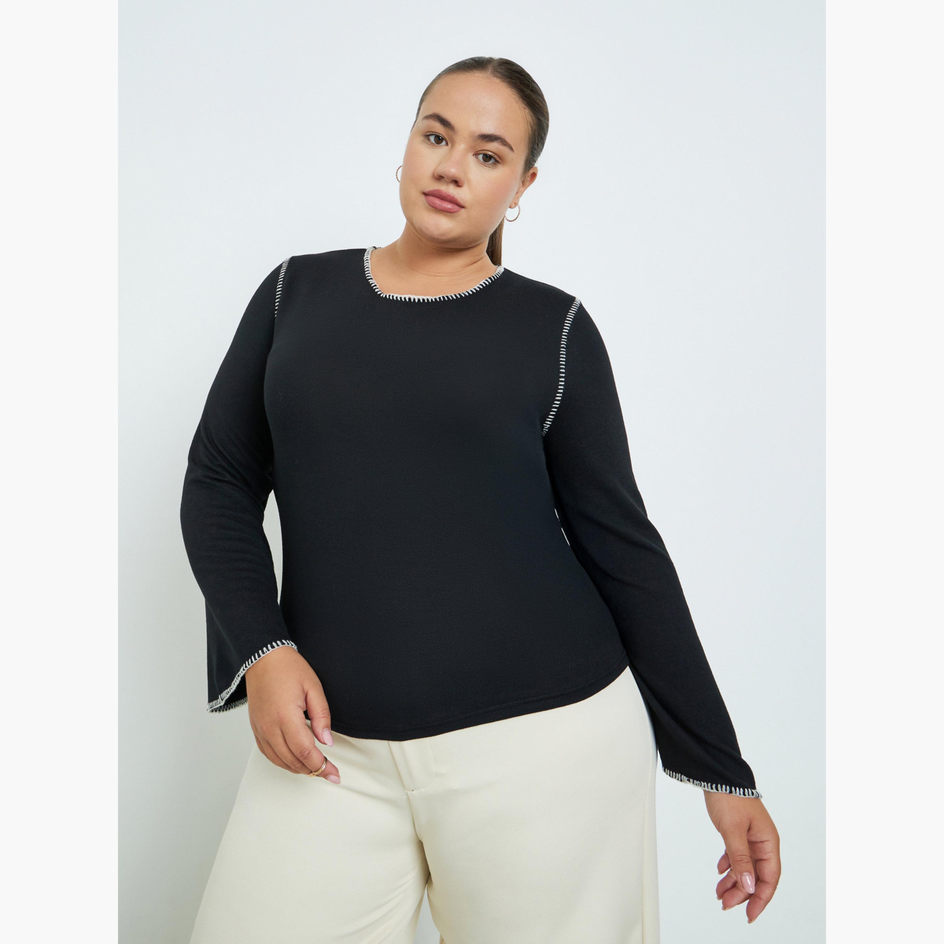 Styli Plus Size Knit Top with Contrast Stitching-women-clothing-plussize-tshirts-image-1