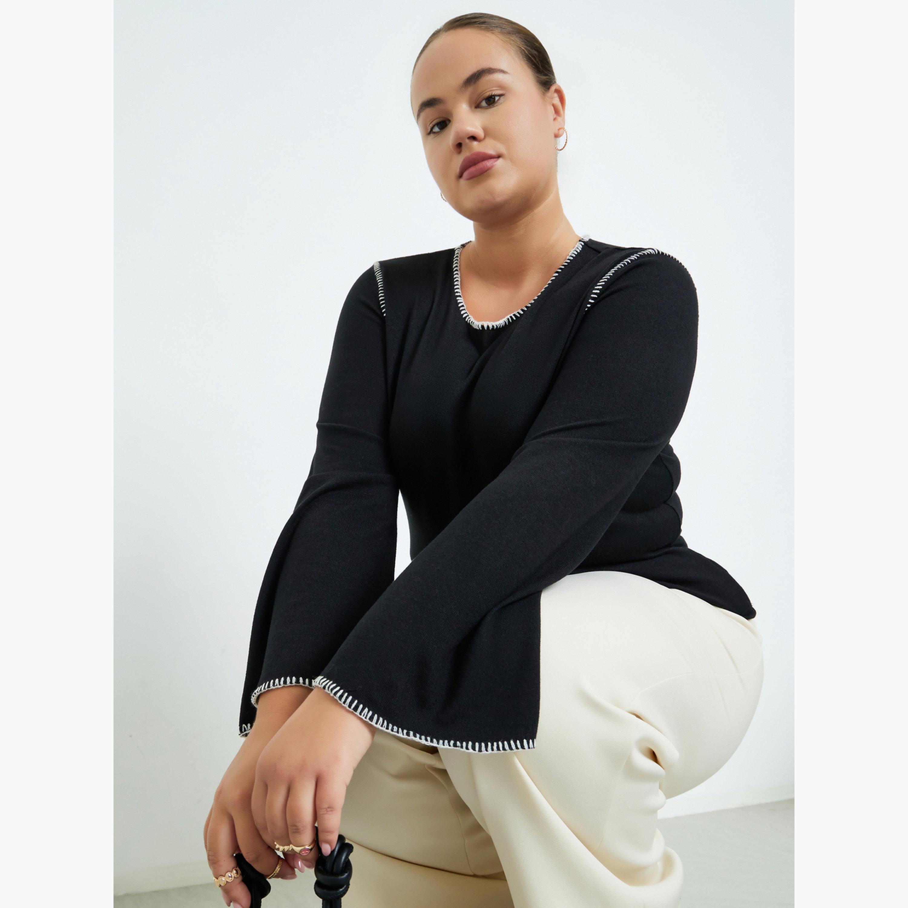 Styli Plus Size Knit Top with Contrast Stitching-women-clothing-plussize-tshirts-image-3