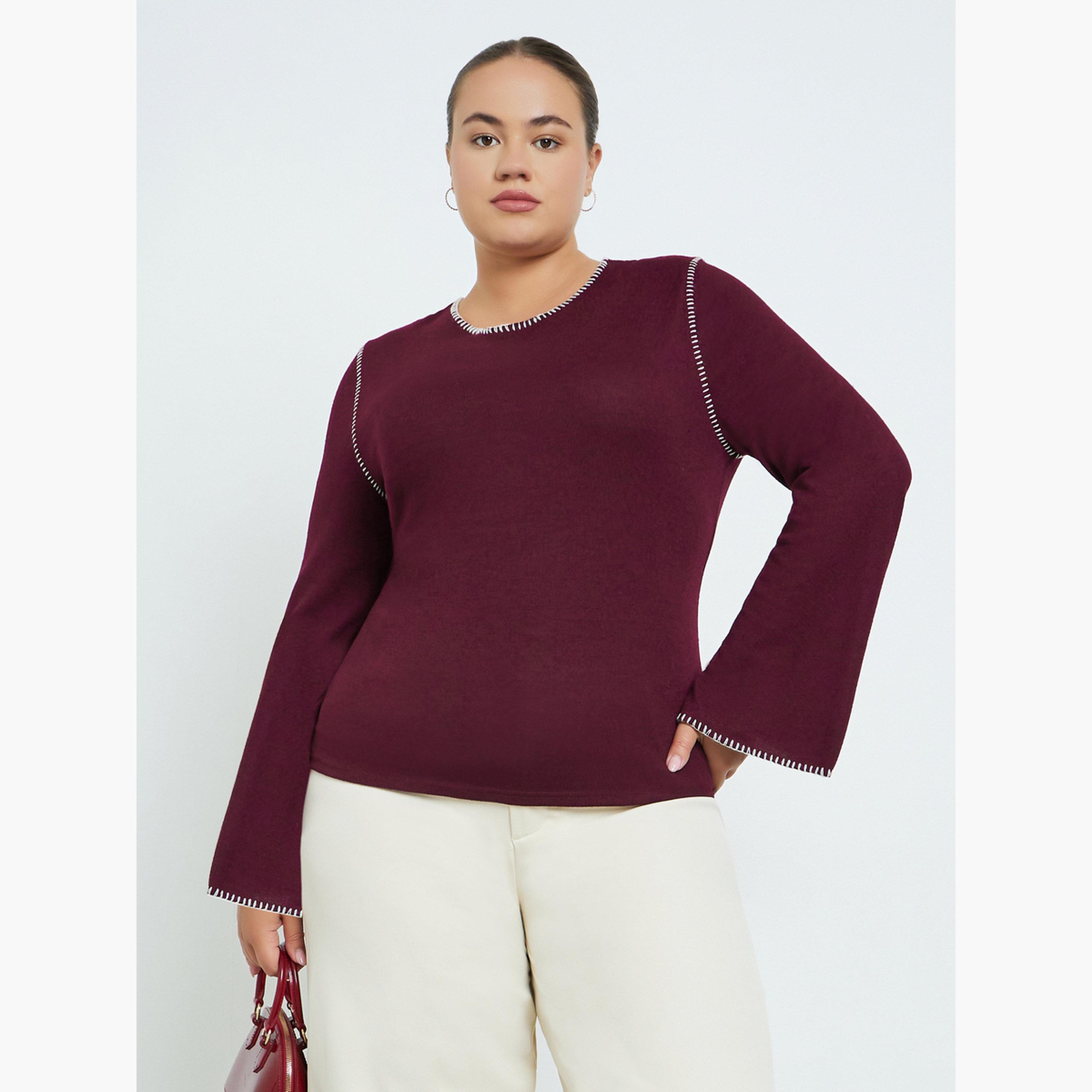 Styli Plus Size Knit Top with Contrast Stitching-women-clothing-tshirts-image-1