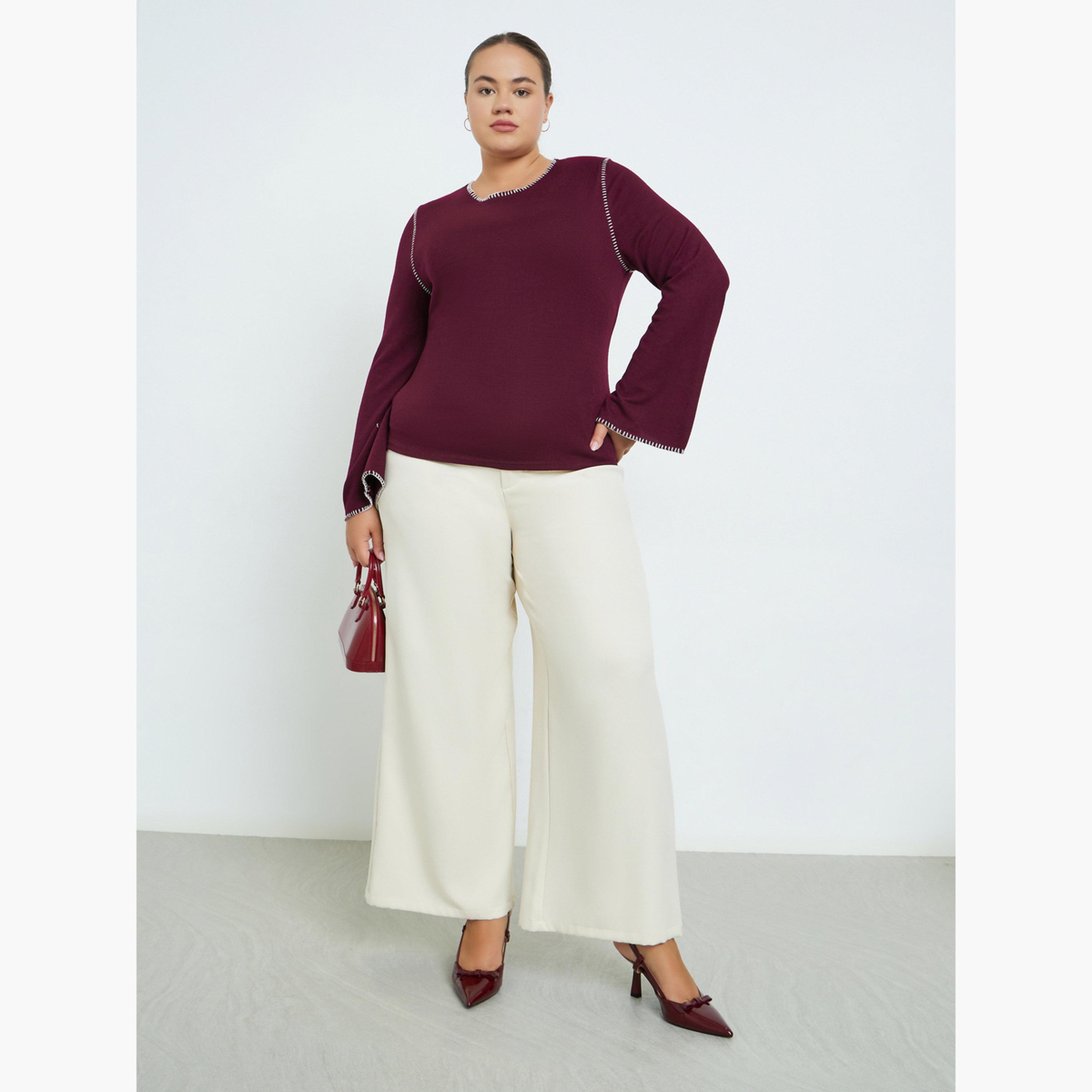 Styli Plus Size Knit Top with Contrast Stitching-women-clothing-tshirts-image-2