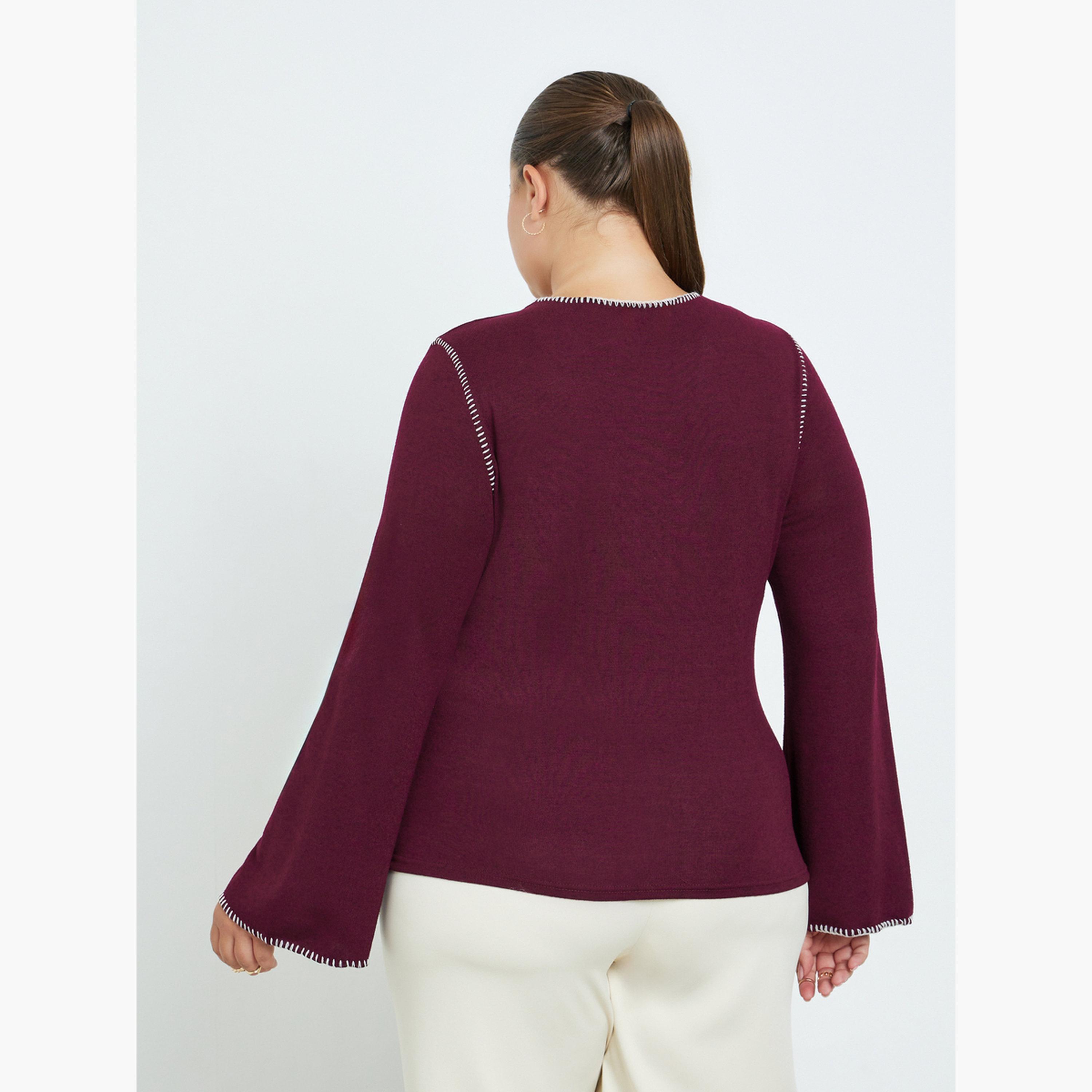 ستايلي - بلوزة محبوكة بمقاس واسع حياكة متباينة-women-clothing-tshirts-image-4
