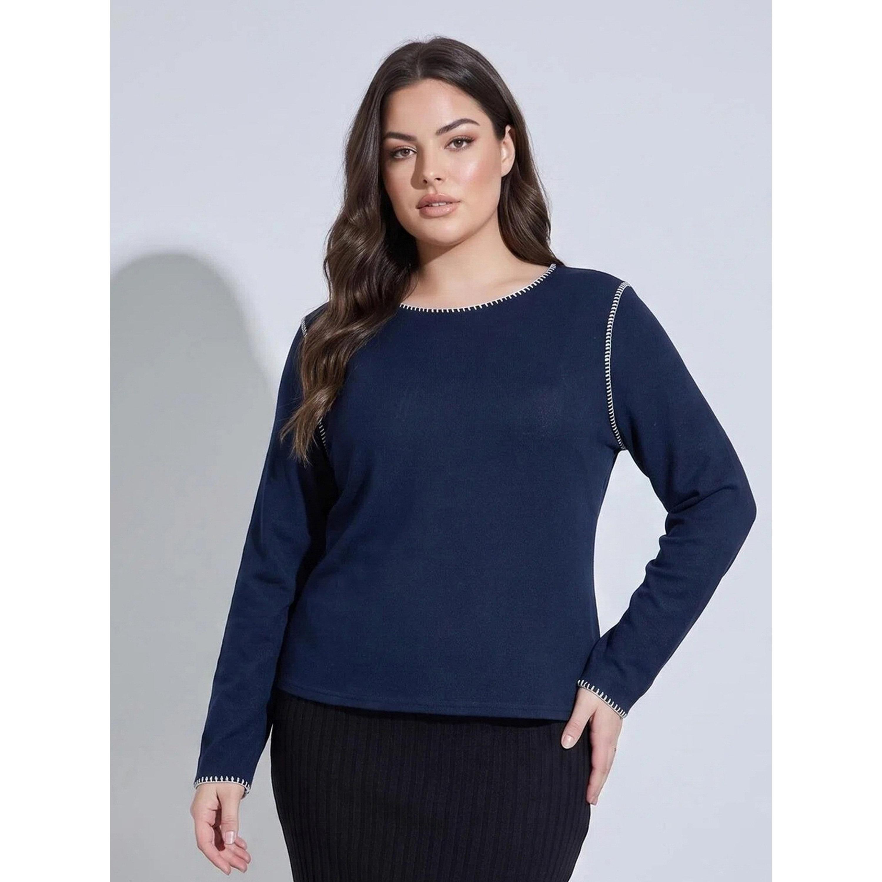 Styli Plus Size Navy Blue Contrast Stitching Ribbed Knit Top-women-clothing-plussize-shirtsandblouses-blouses-image-1
