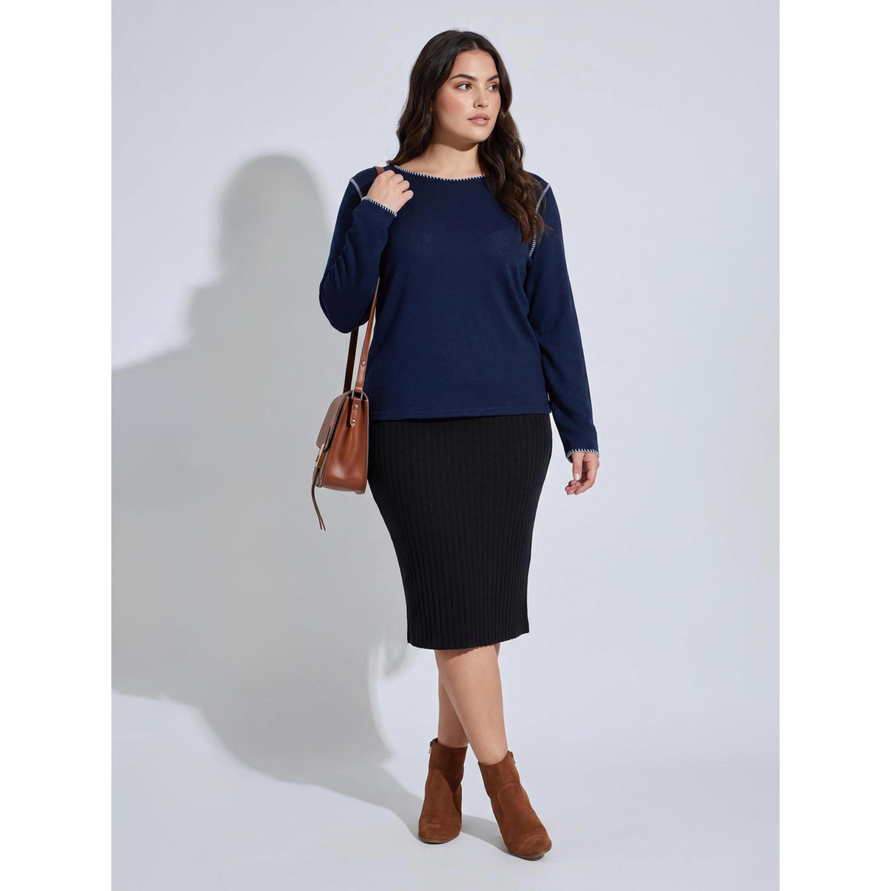 Styli Plus Size Navy Blue Contrast Stitching Ribbed Knit Top-women-clothing-plussize-shirtsandblouses-blouses-image-2