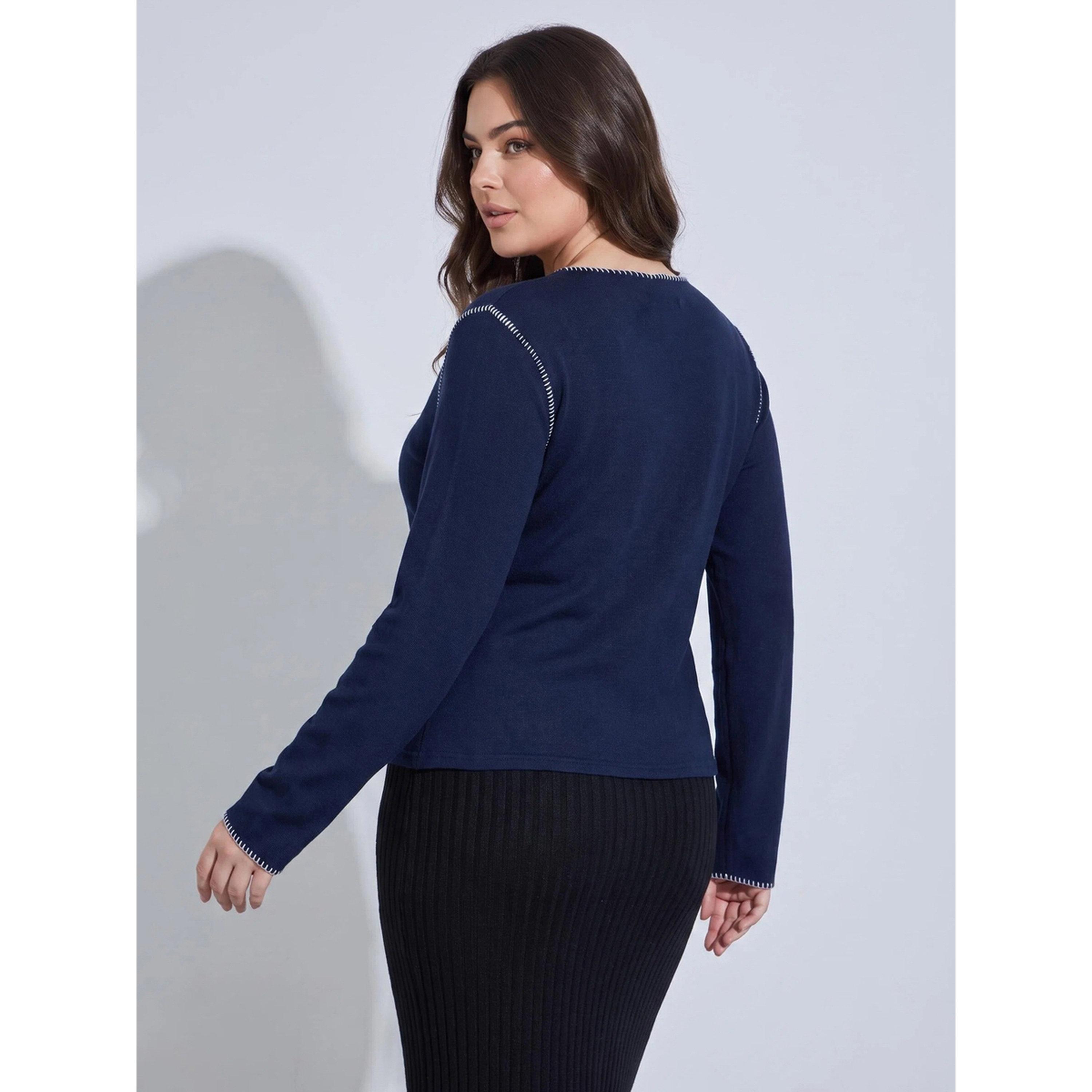 Styli Plus Size Navy Blue Contrast Stitching Ribbed Knit Top-women-clothing-plussize-shirtsandblouses-blouses-image-3