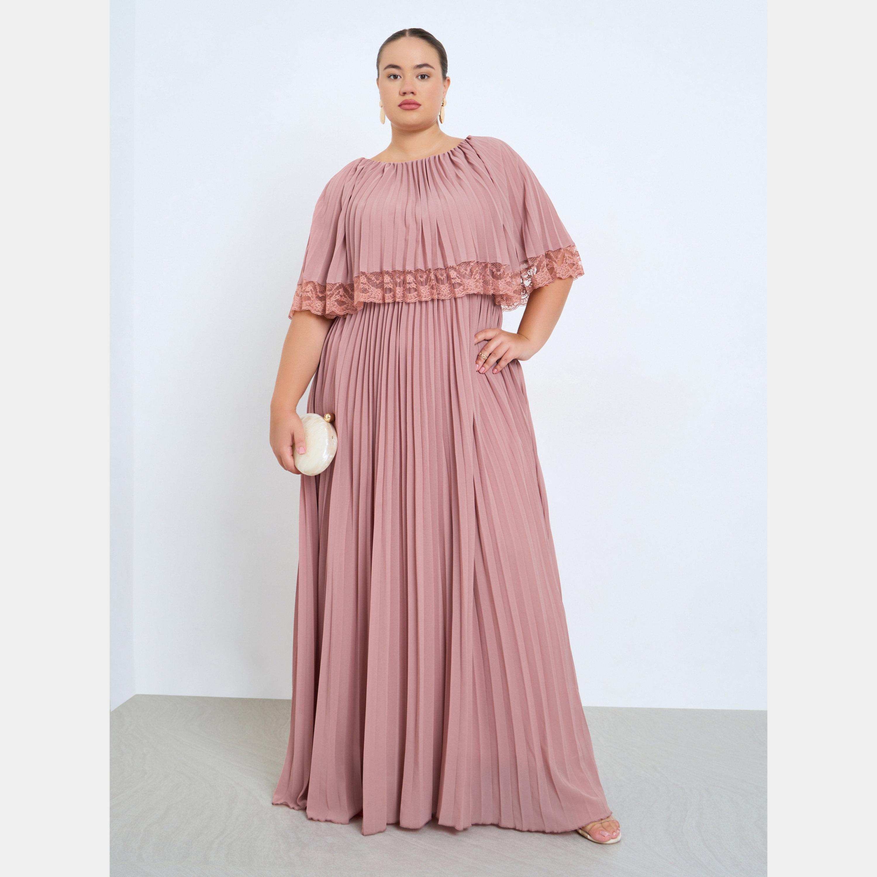 ستايلي - فستان ماكسي وردي مطوي بمقاس واسع مع رقبة مستديرة ووشاح من الدانتيل للنساء-women-clothing-dresses-image-1