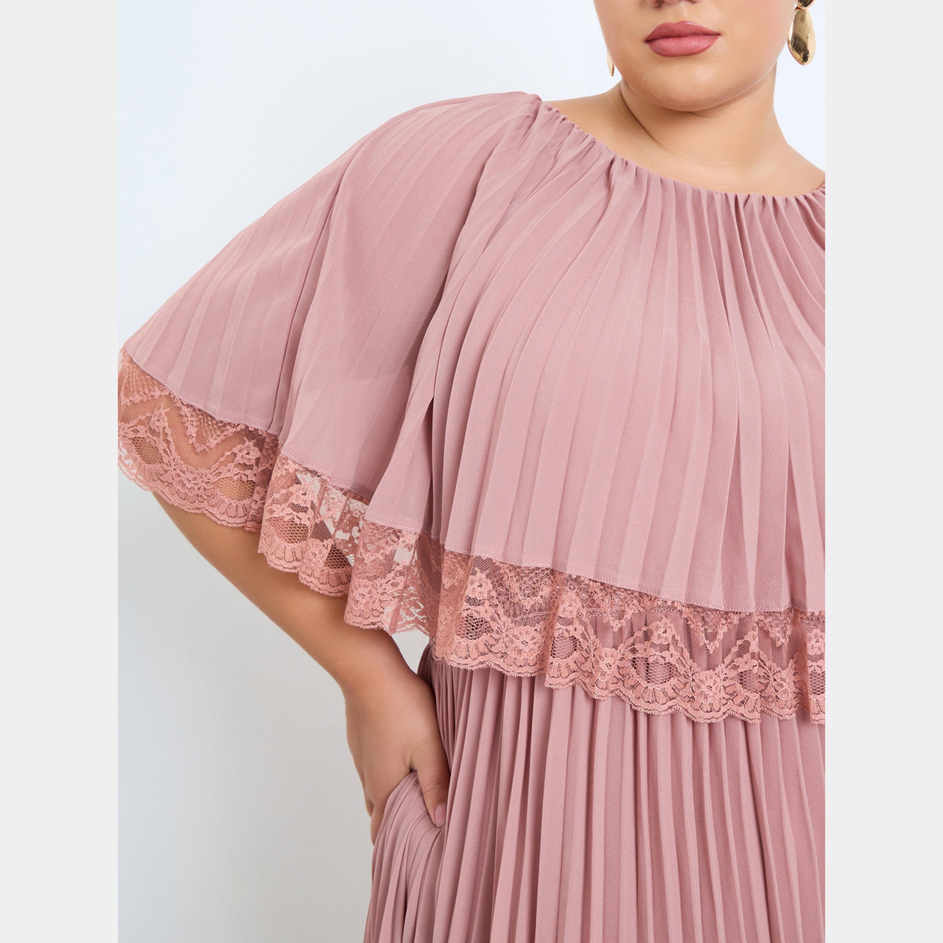 ستايلي - فستان ماكسي وردي مطوي بمقاس واسع مع رقبة مستديرة ووشاح من الدانتيل للنساء-women-clothing-dresses-image-3