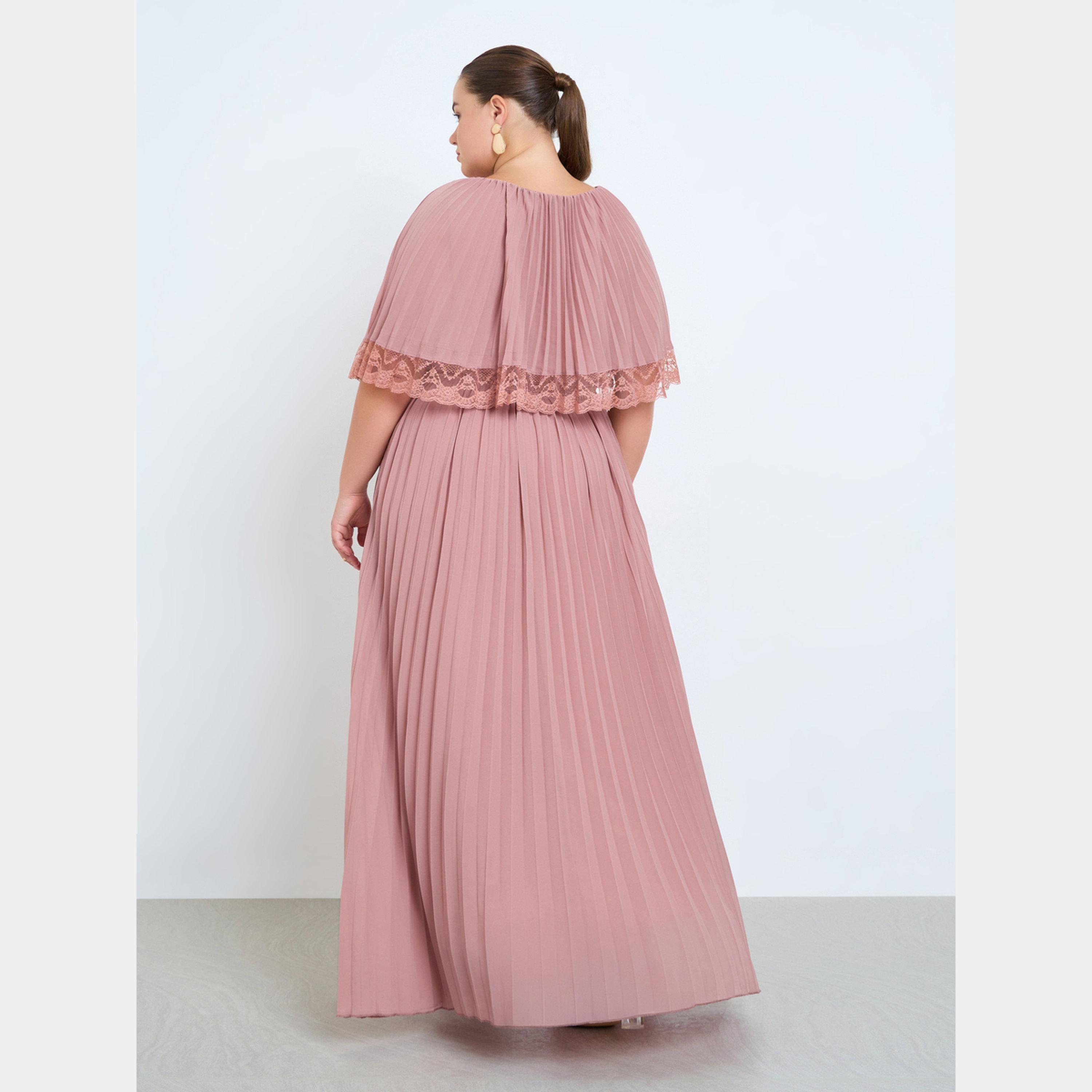 ستايلي - فستان ماكسي وردي مطوي بمقاس واسع مع رقبة مستديرة ووشاح من الدانتيل للنساء-women-clothing-dresses-image-4