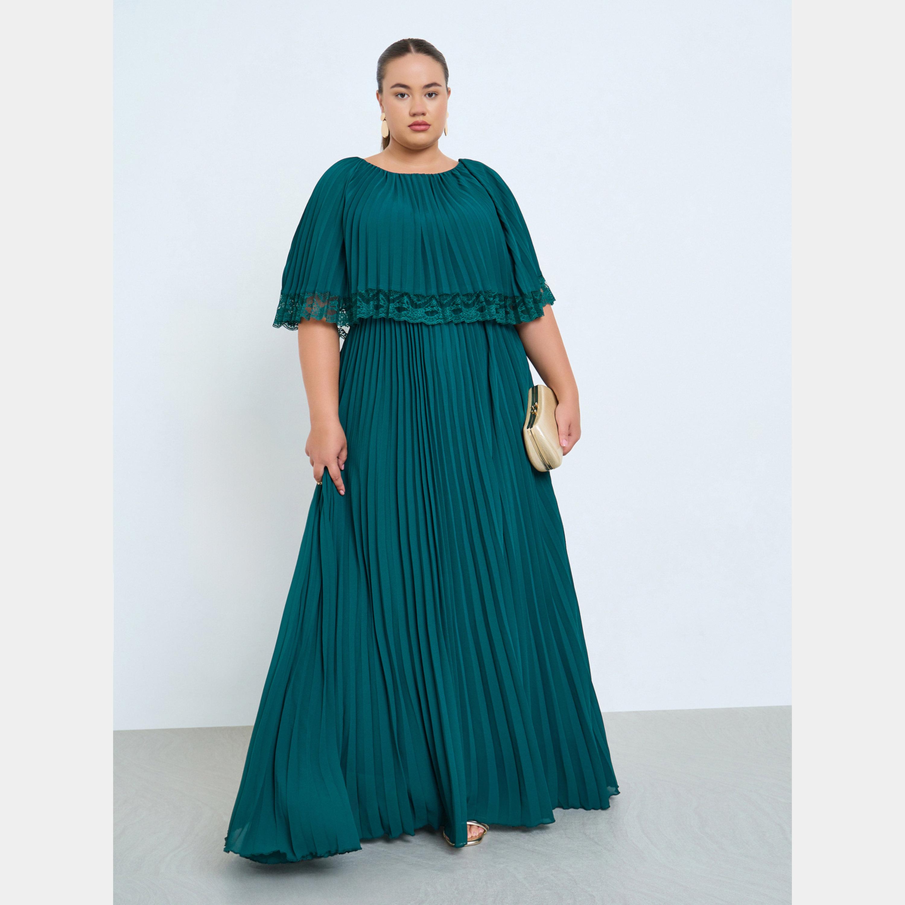 ستايلي - فستان ماكسي نسائي بقصة A مع ثنيات ورقبة دائرية وكاب من الدانتيل بمقاس واسع-women-clothing-dresses-image-1