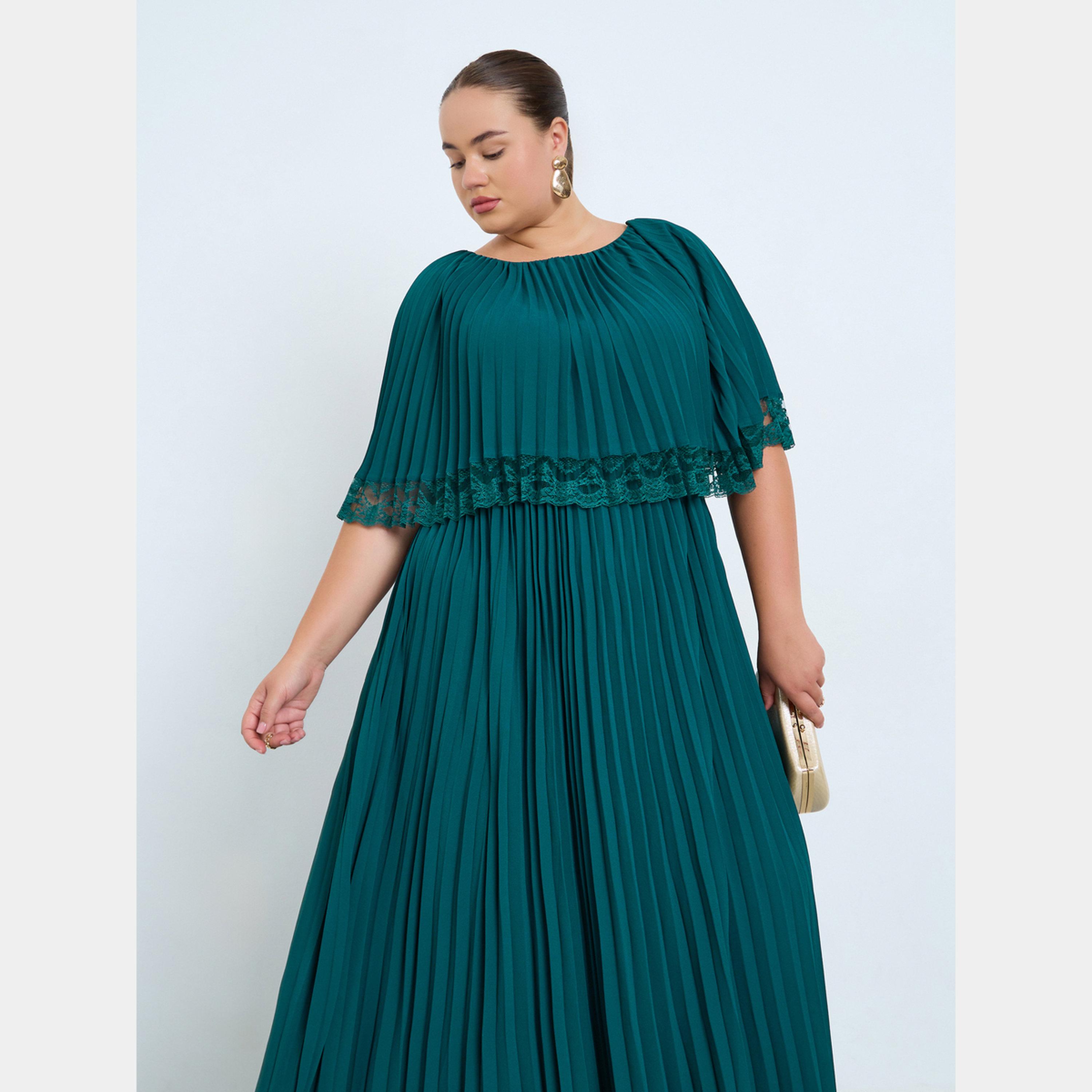 ستايلي - فستان ماكسي نسائي بقصة A مع ثنيات ورقبة دائرية وكاب من الدانتيل بمقاس واسع-women-clothing-dresses-image-2