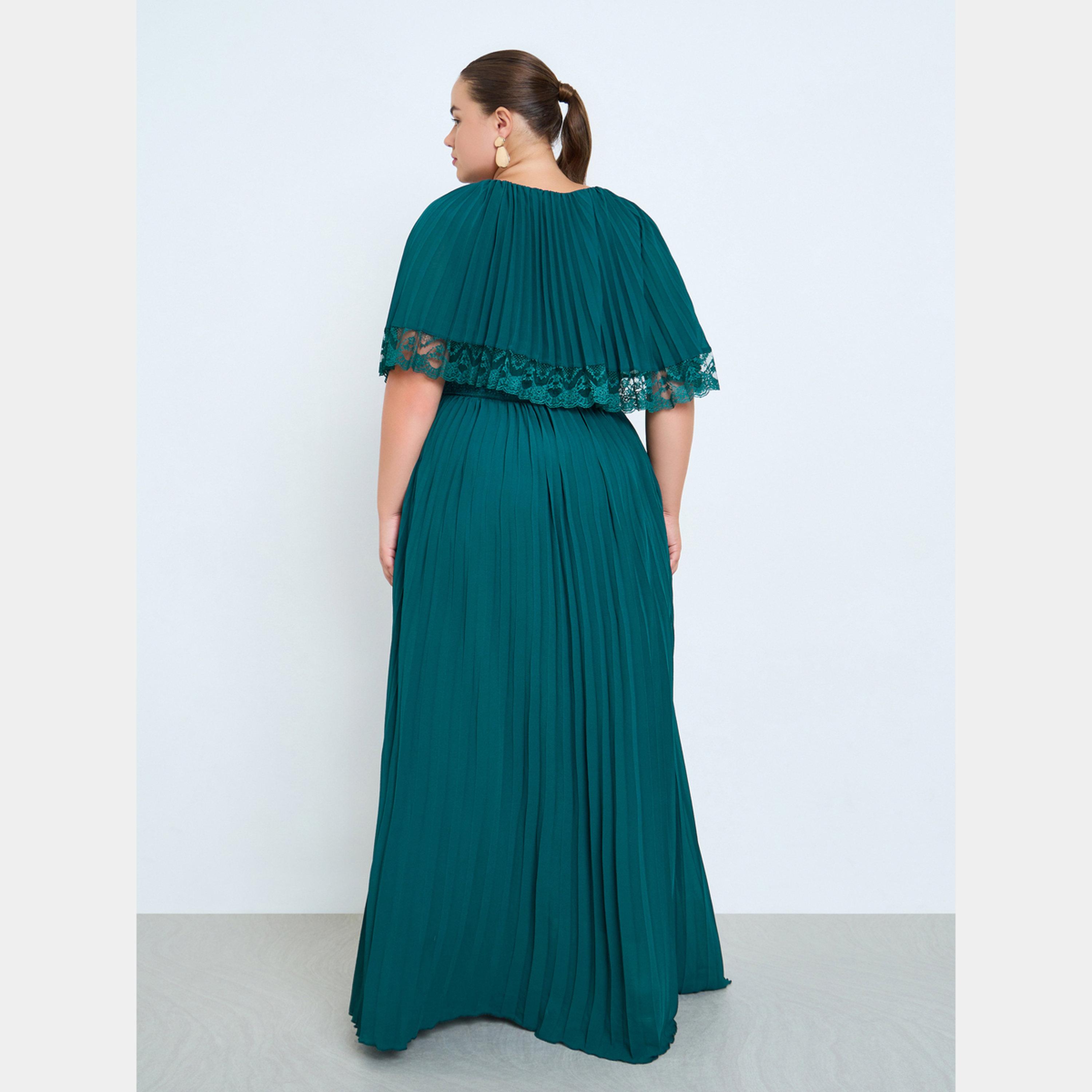 ستايلي - فستان ماكسي نسائي بقصة A مع ثنيات ورقبة دائرية وكاب من الدانتيل بمقاس واسع-women-clothing-dresses-image-5