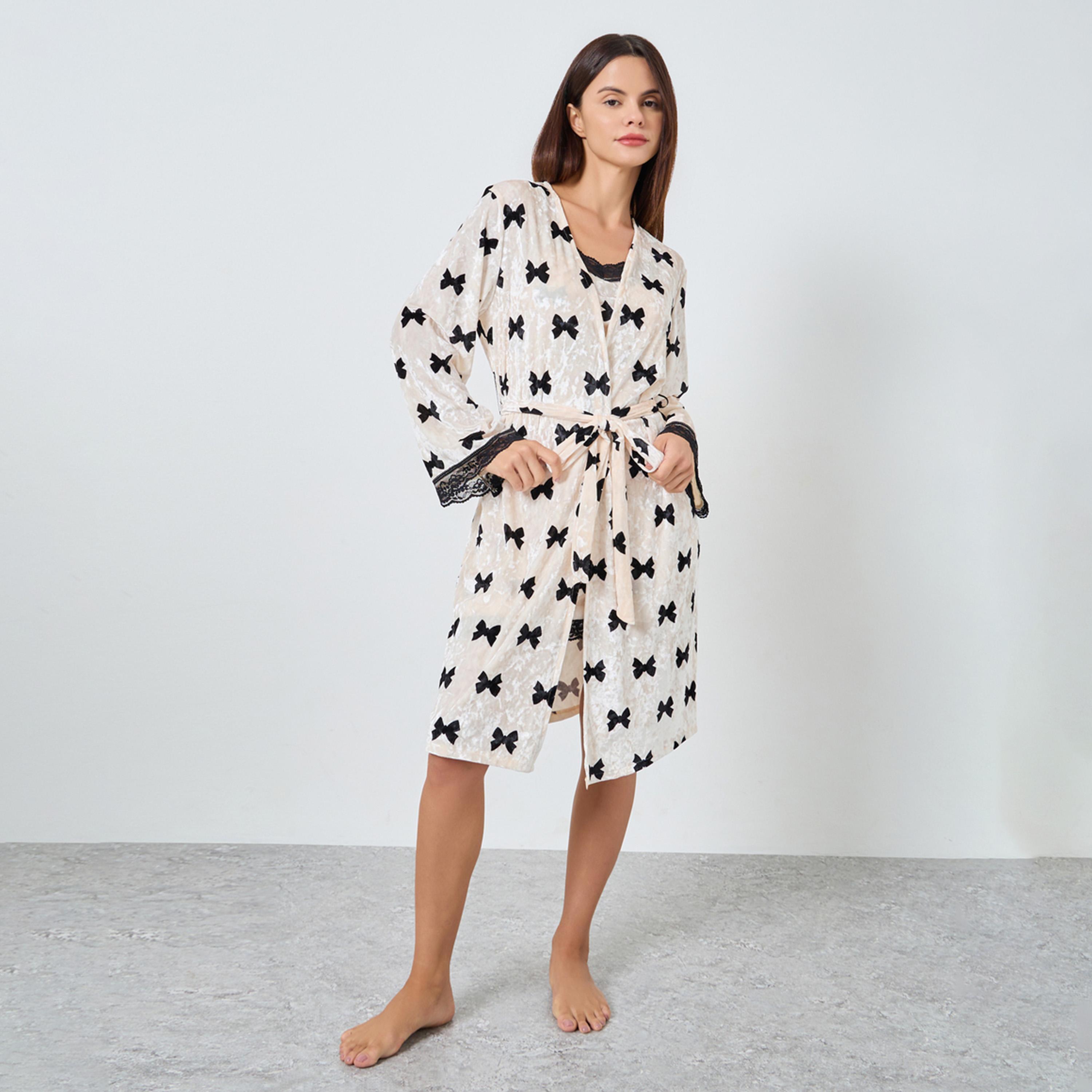 Styli All-Over Bow Print Contrast Lace Velvet Slip Dress with Robe-women-clothing-nightwear-robes-image-1