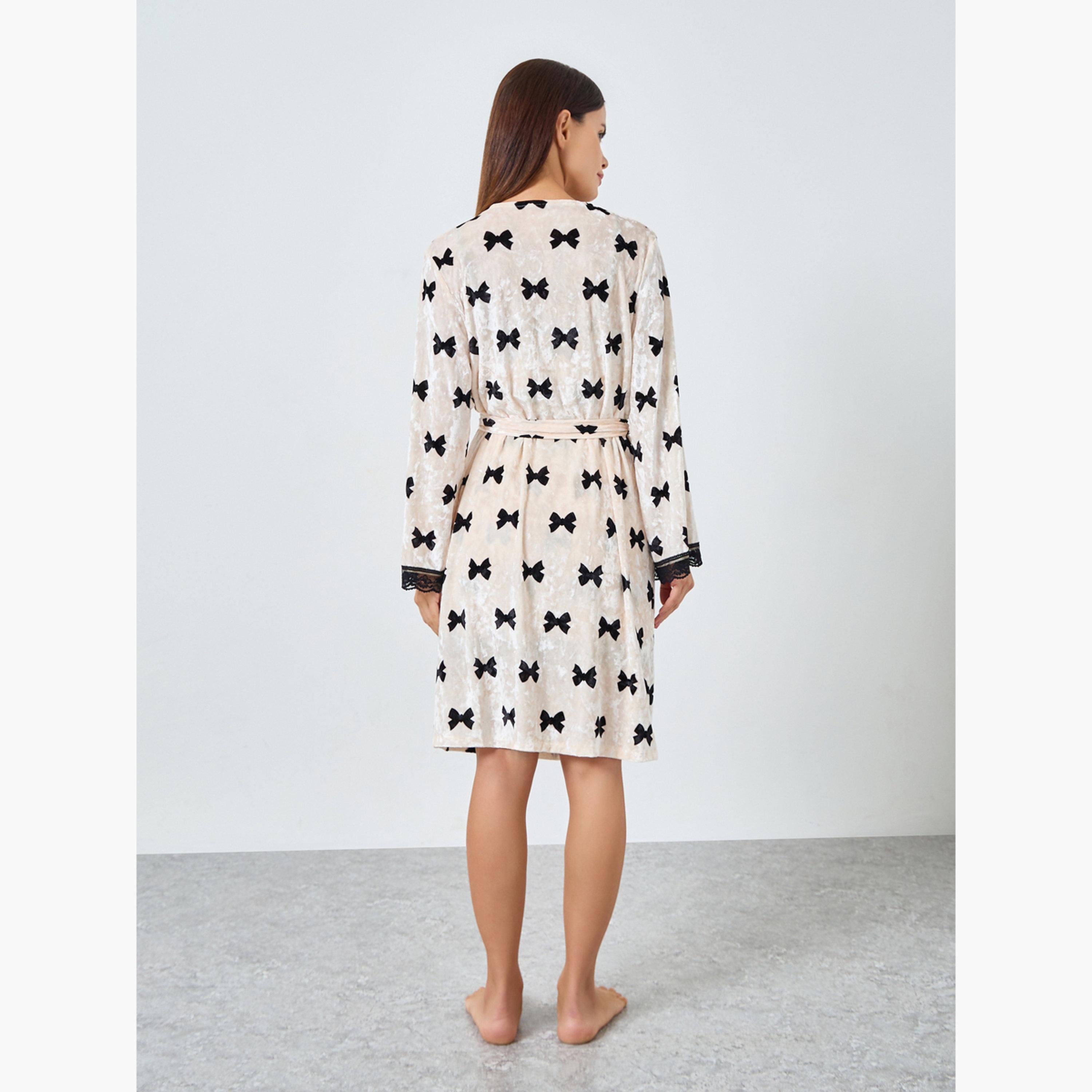 Styli All-Over Bow Print Contrast Lace Velvet Slip Dress with Robe-women-clothing-nightwear-robes-image-4