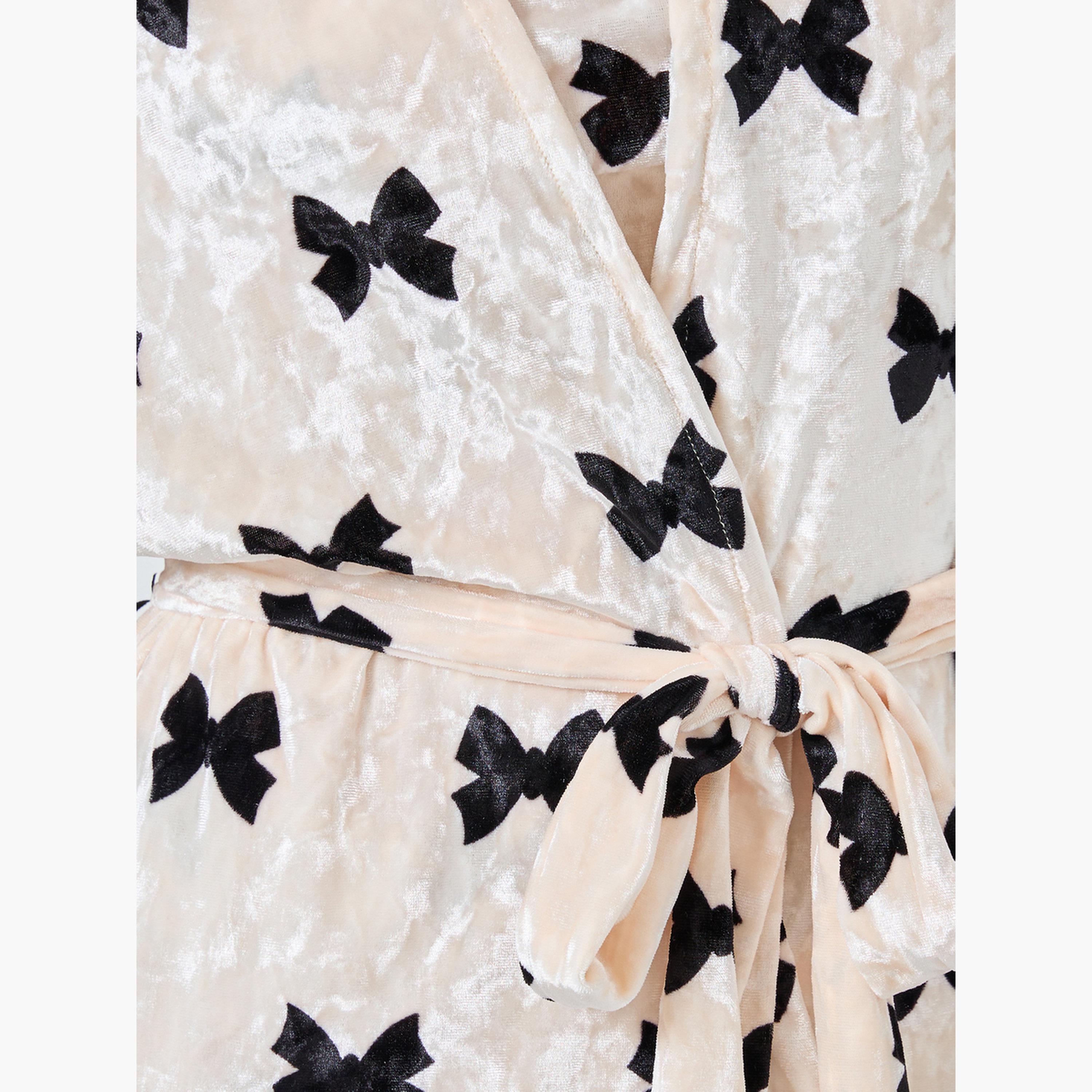 Styli All-Over Bow Print Contrast Lace Velvet Slip Dress with Robe-women-clothing-nightwear-robes-image-5