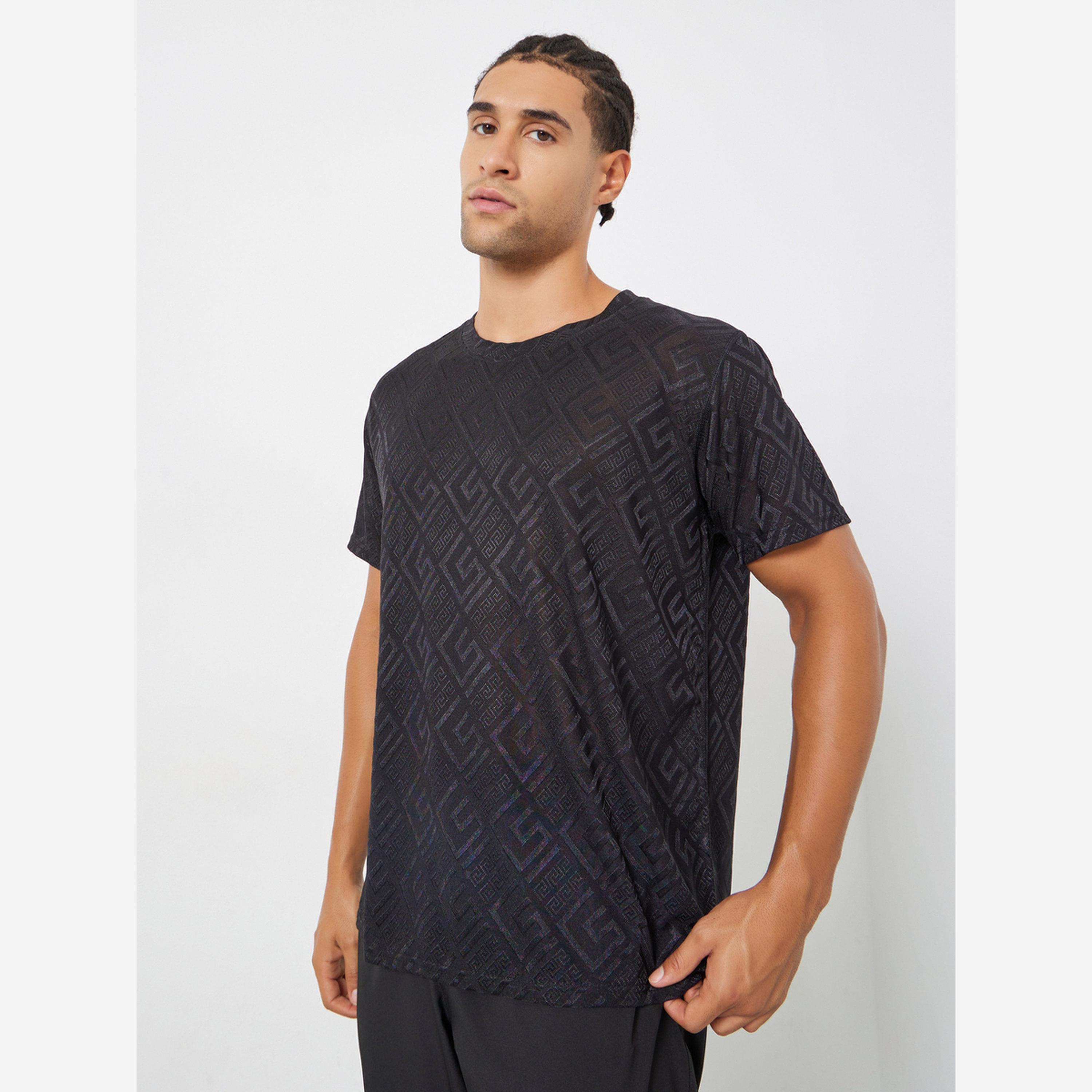 Styli Men Black Geometric Print Quick Dry Athleisure T-Shirt-men-clothing-sportswearandactivewear-tshirtsandpolos-image-1