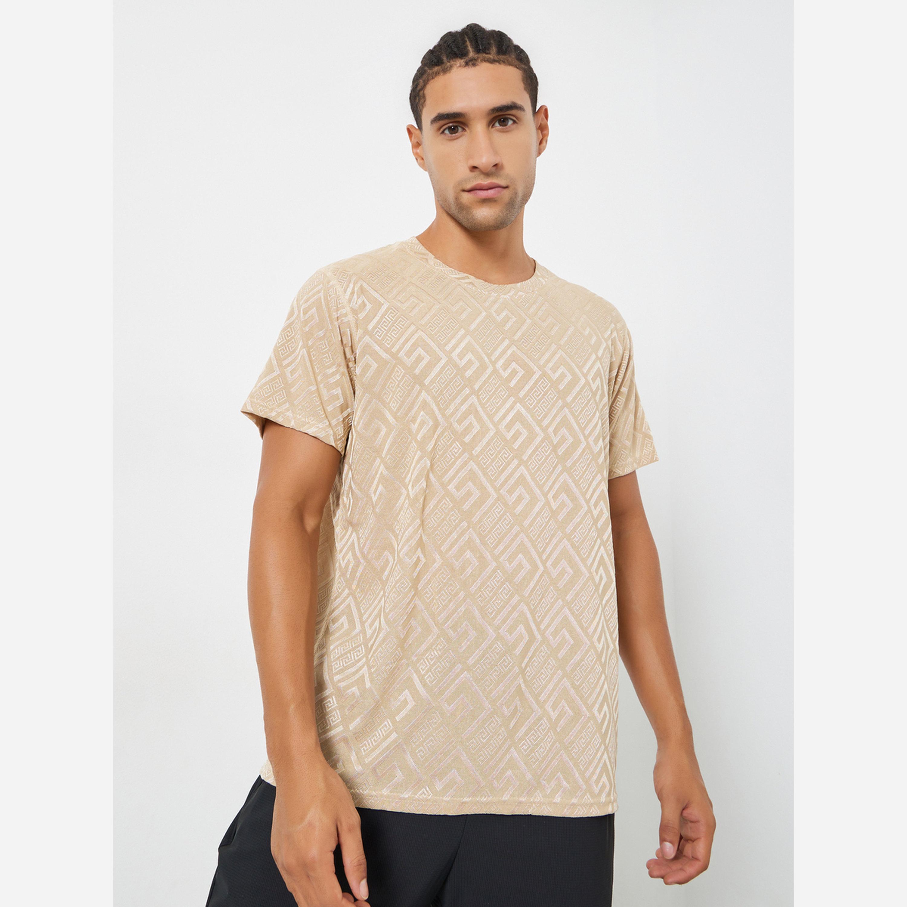 Styli Men Beige Geometric Print Quick Dry Athleisure T-Shirt-men-clothing-sportswearandactivewear-tshirtsandpolos-image-1