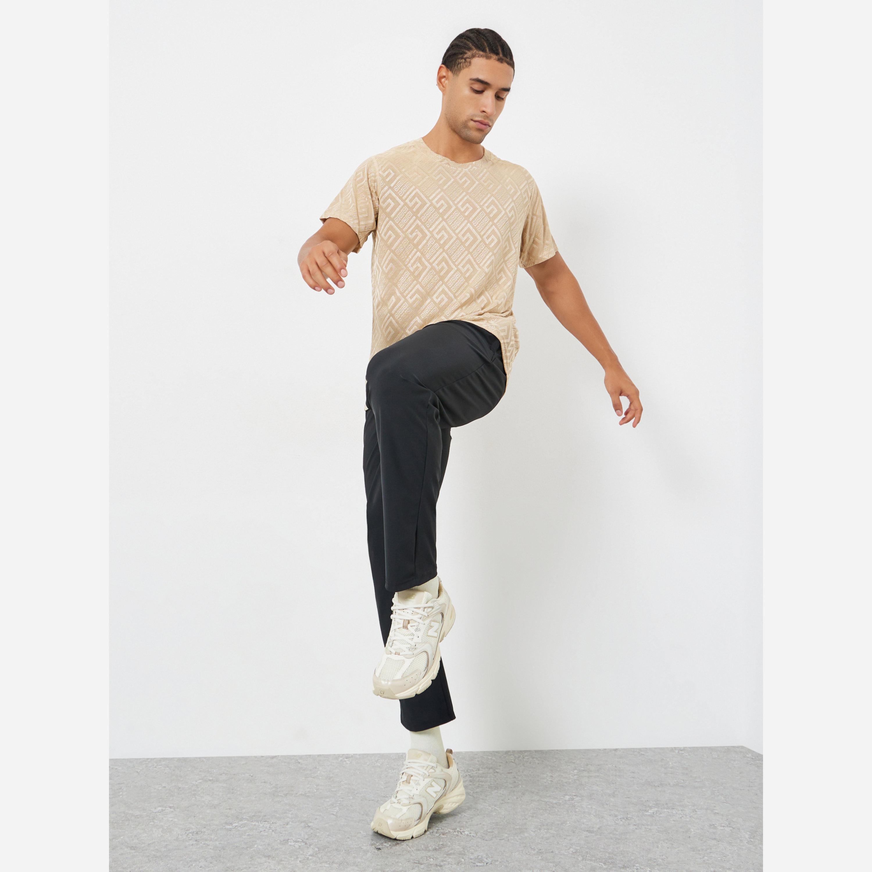 Styli Men Beige Geometric Print Quick Dry Athleisure T-Shirt-men-clothing-sportswearandactivewear-tshirtsandpolos-image-2