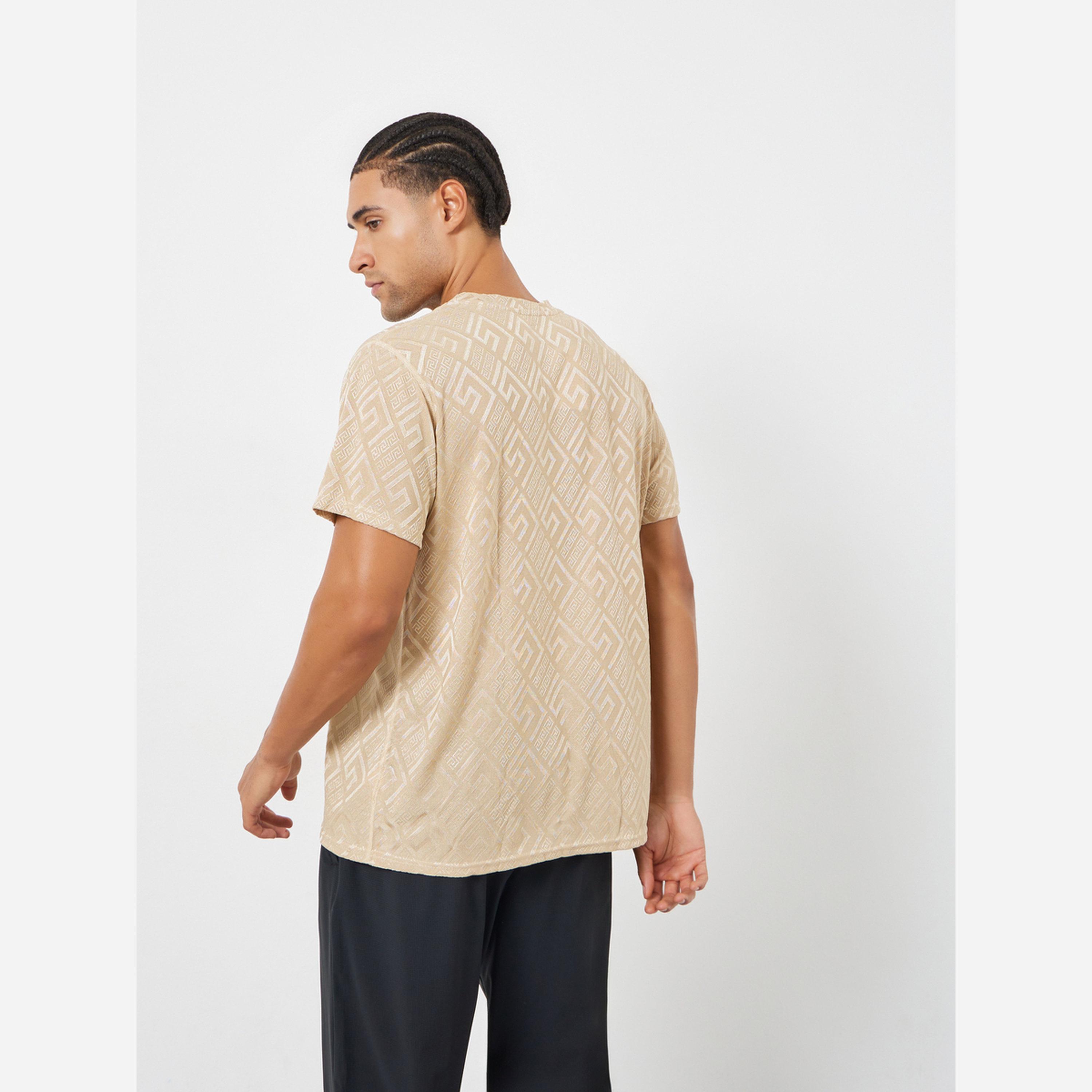 Styli Men Beige Geometric Print Quick Dry Athleisure T-Shirt-men-clothing-sportswearandactivewear-tshirtsandpolos-image-4