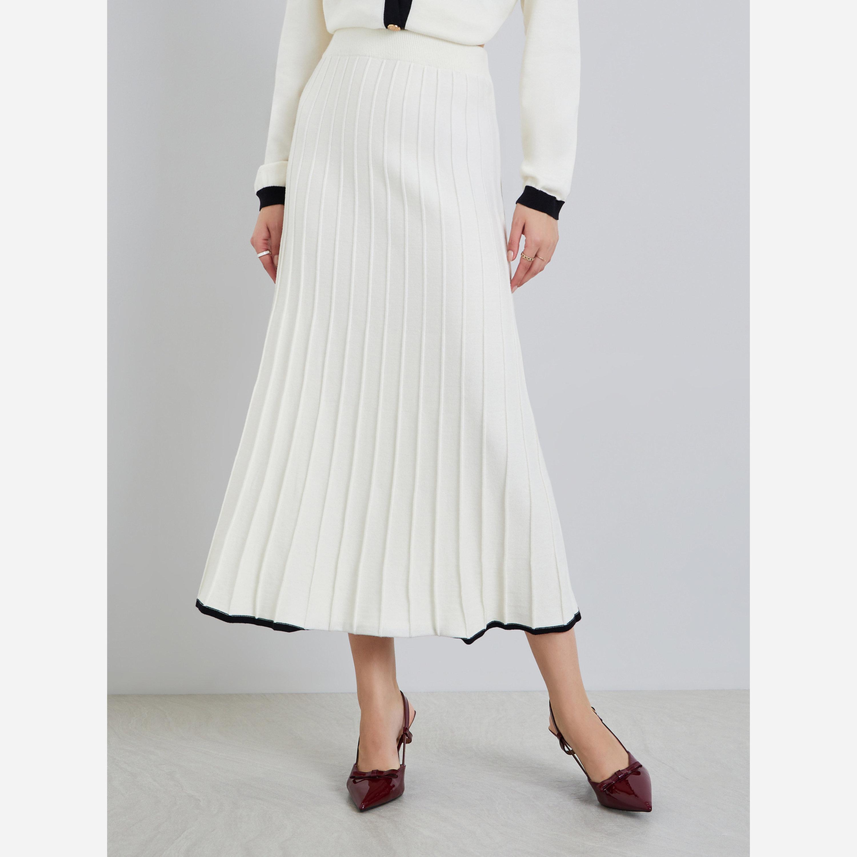 ستايلي - تنورة متوسطة الطول للنساء لون كريمي تصميم A مطوي-women-clothing-bottoms-skirts-image-1