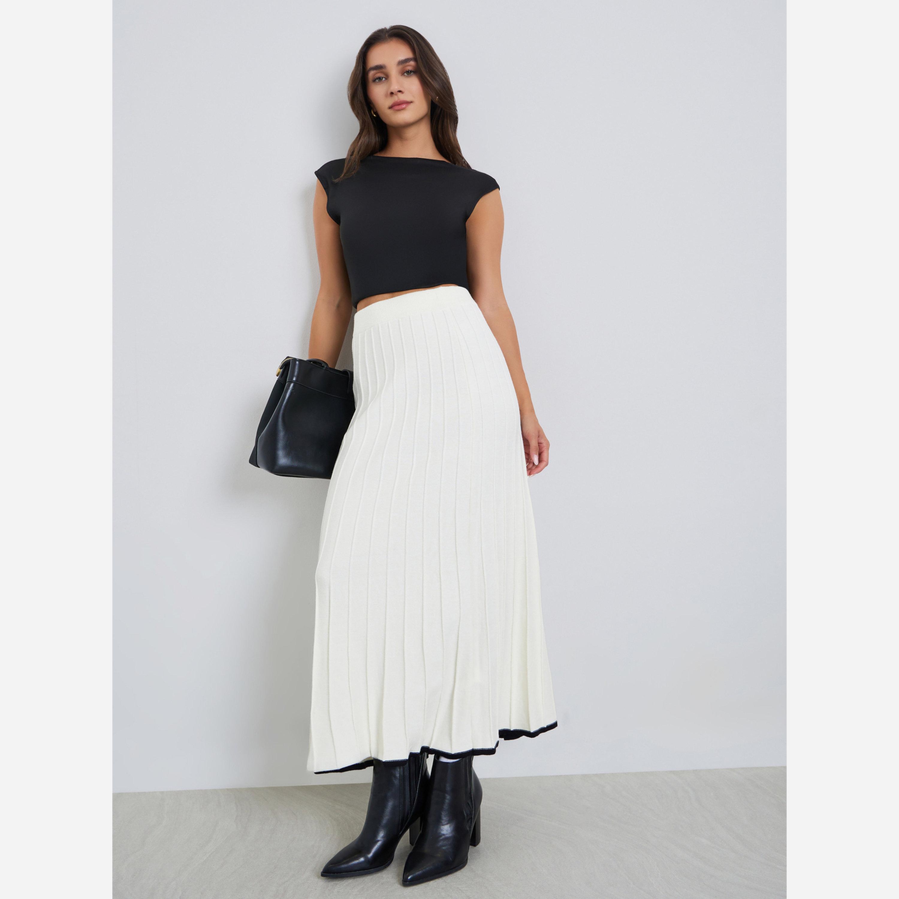 ستايلي - تنورة متوسطة الطول للنساء لون كريمي تصميم A مطوي-women-clothing-bottoms-skirts-image-2