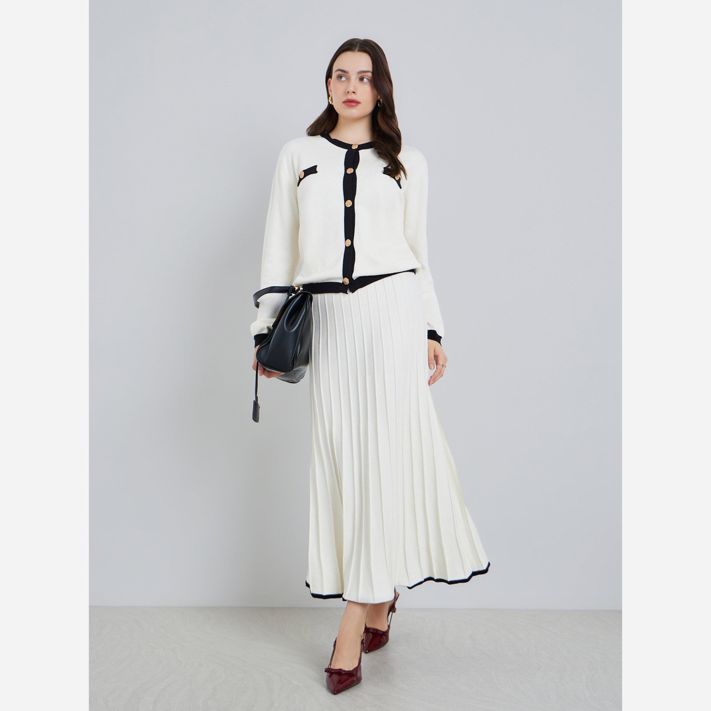 ستايلي - تنورة متوسطة الطول للنساء لون كريمي تصميم A مطوي-women-clothing-bottoms-skirts-image-3