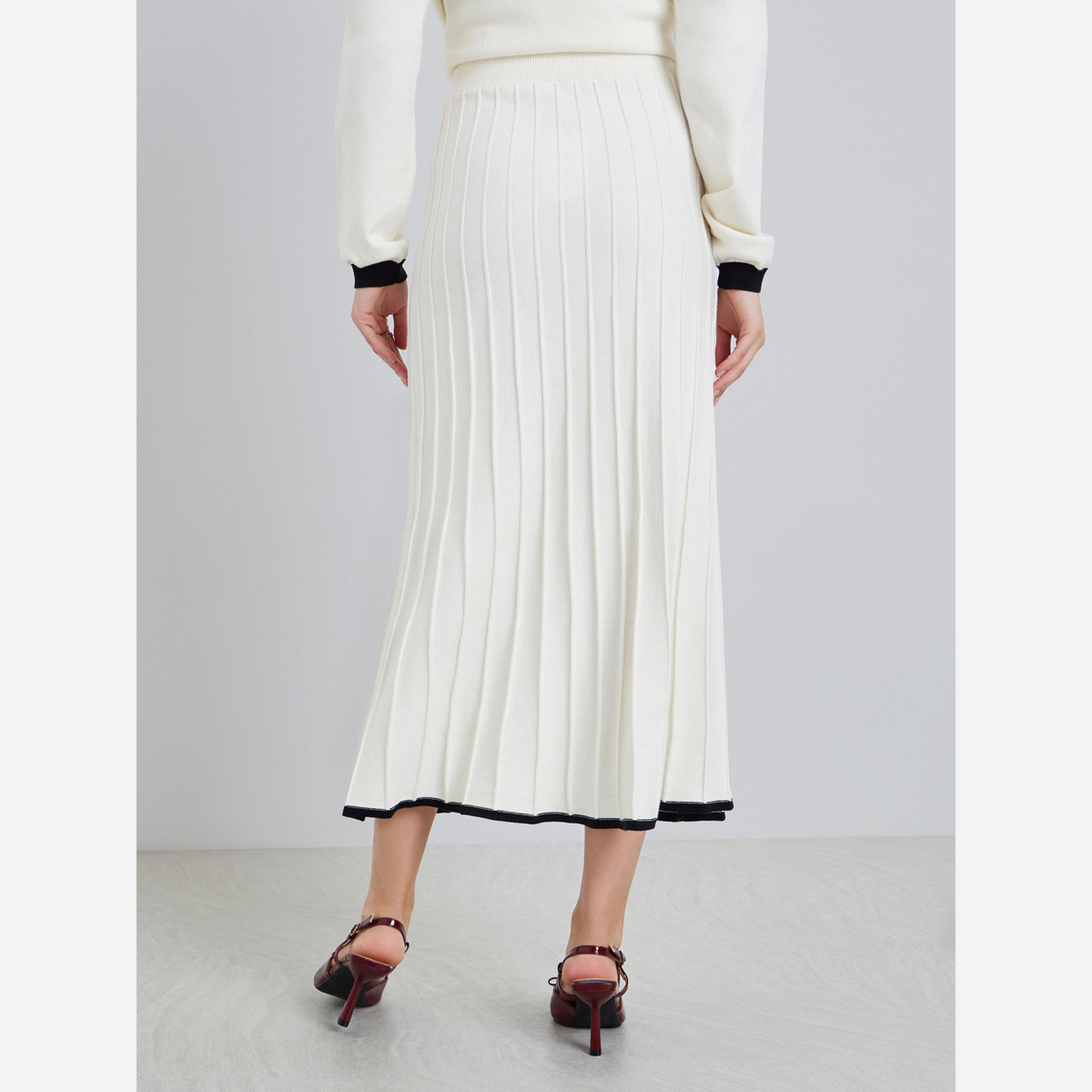 ستايلي - تنورة متوسطة الطول للنساء لون كريمي تصميم A مطوي-women-clothing-bottoms-skirts-image-4