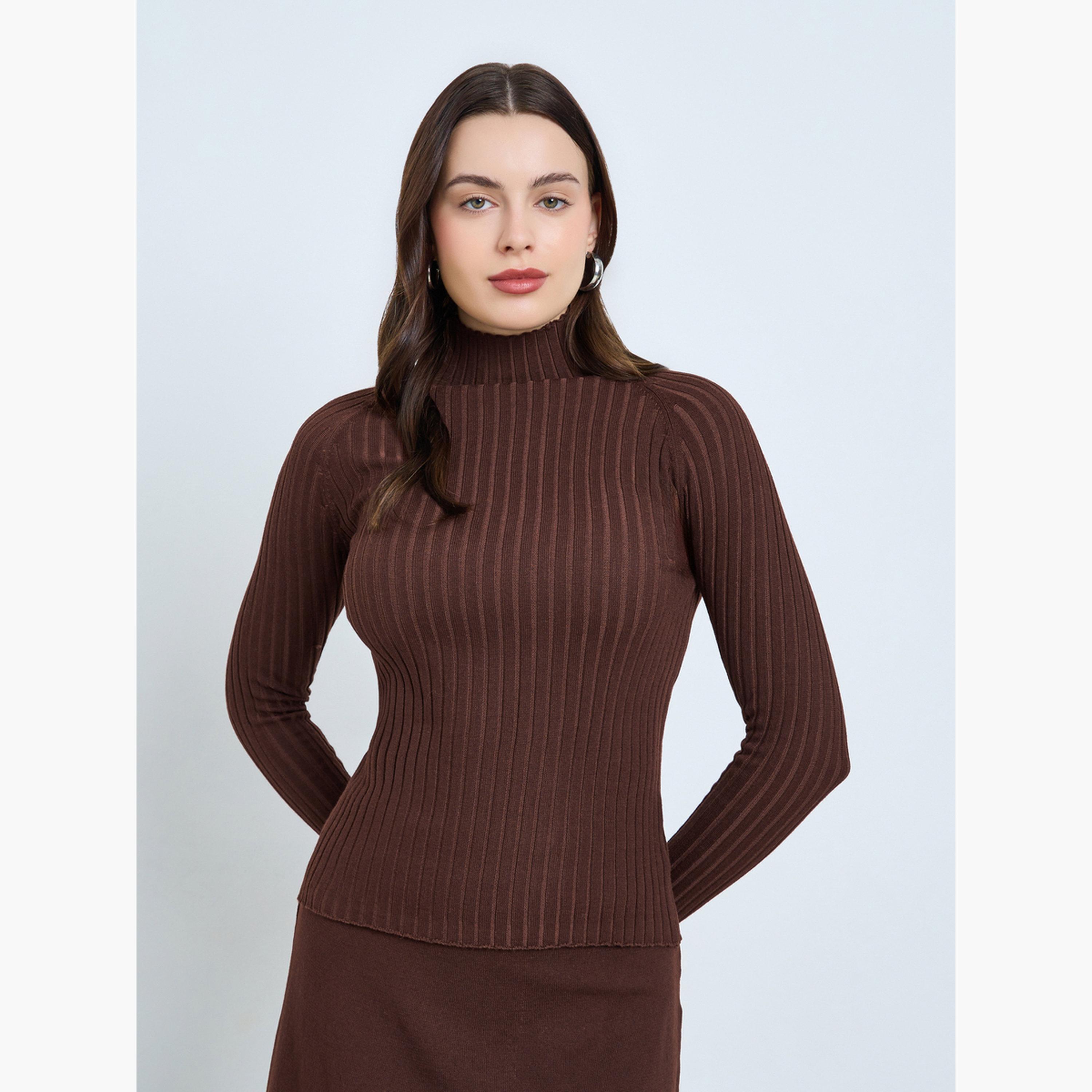 Styli Brown High Neck Ribbed Long Sleeve Top-women-clothing-tshirts-image-1