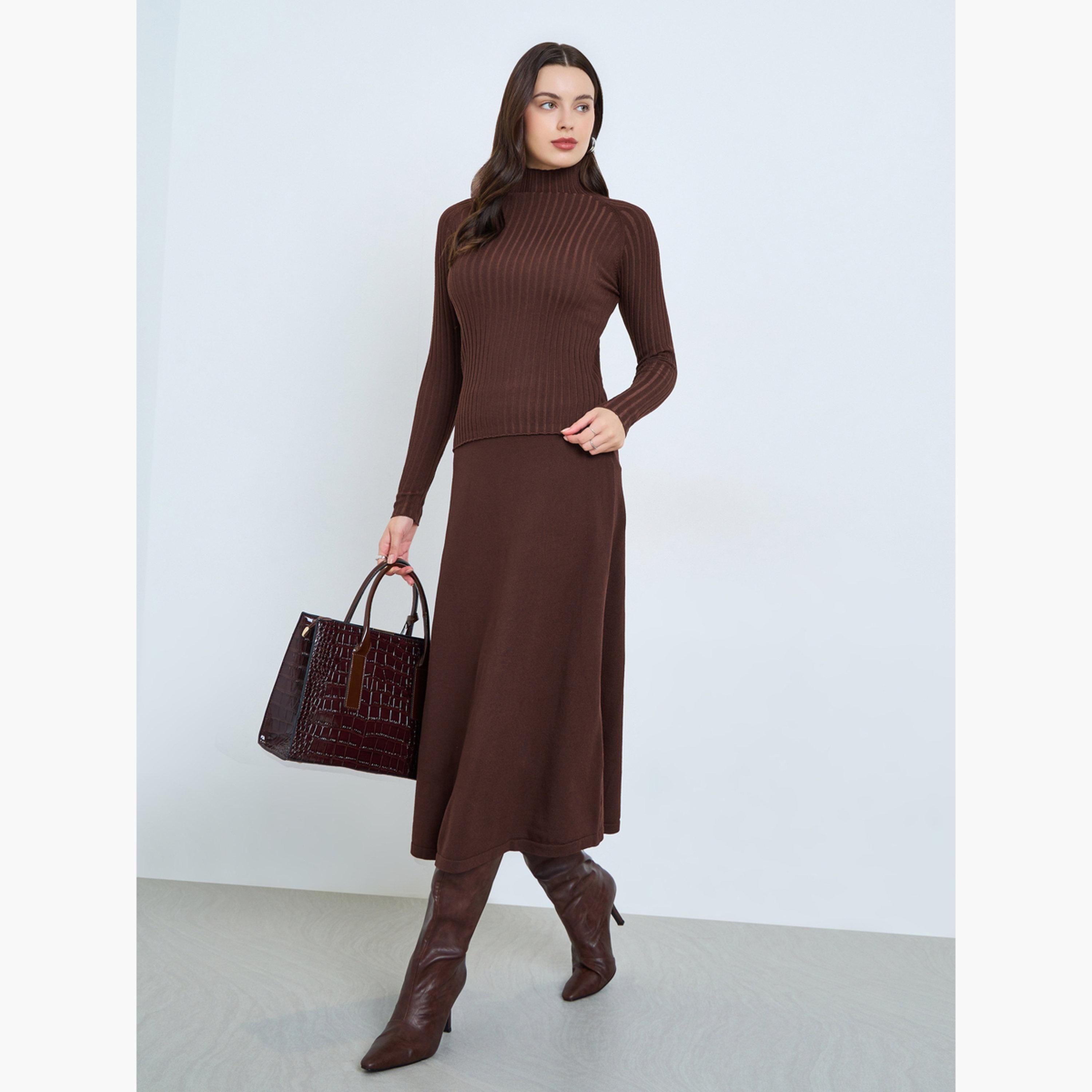 Styli Brown High Neck Ribbed Long Sleeve Top-women-clothing-tshirts-image-2