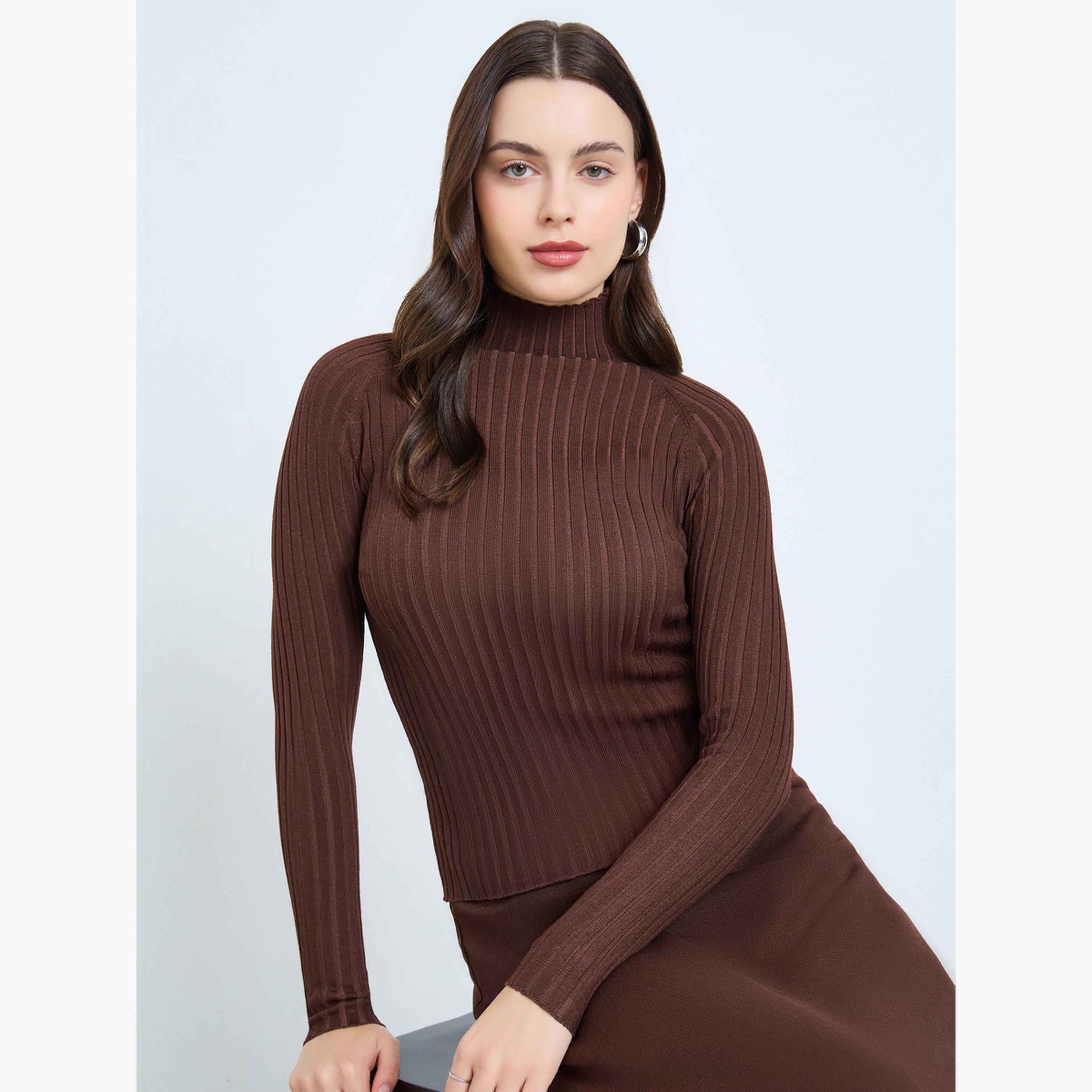 Styli Brown High Neck Ribbed Long Sleeve Top-women-clothing-tshirts-image-3