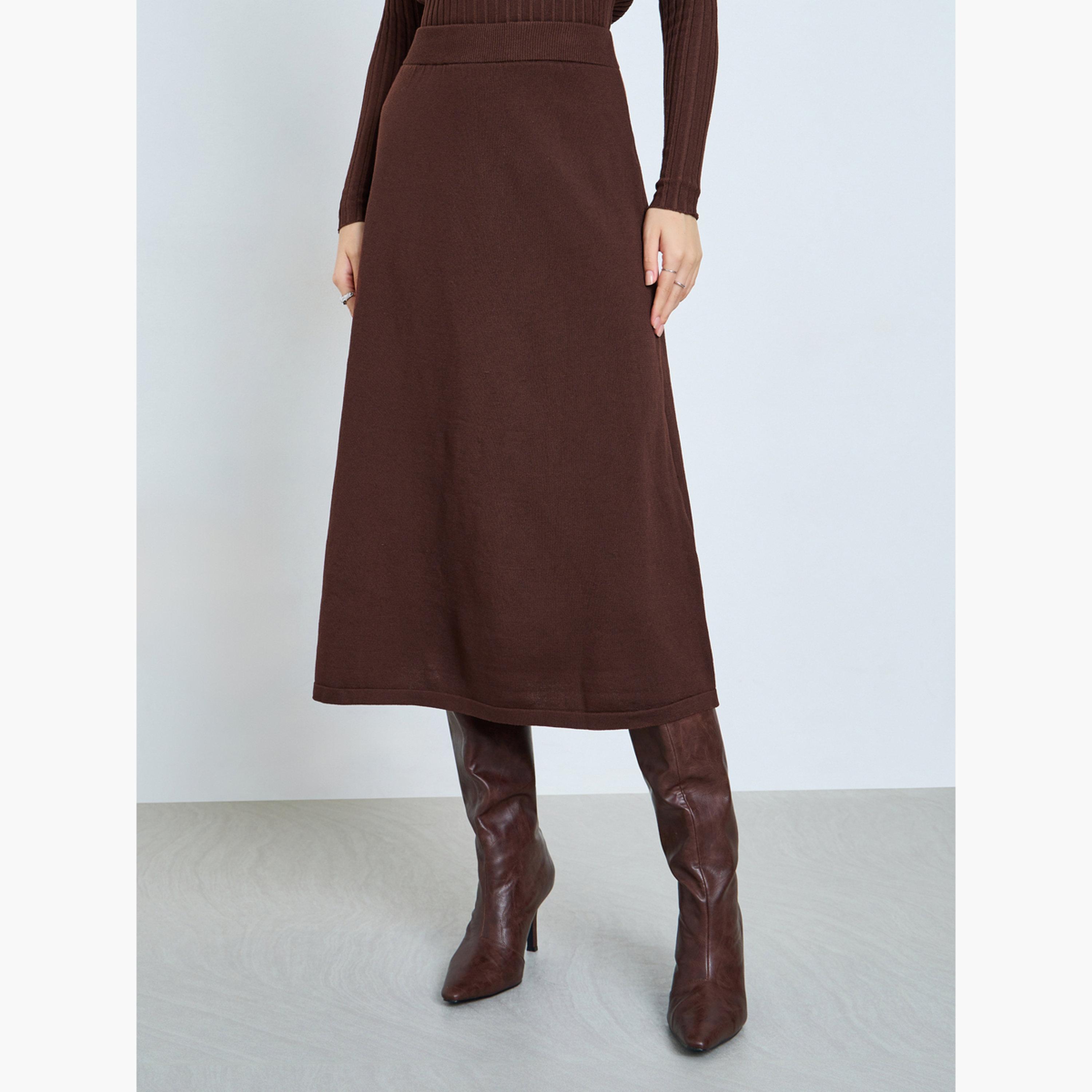 Styli Brown A-Line Flat Knit Midi Skirt-women-clothing-bottoms-skirts-image-1