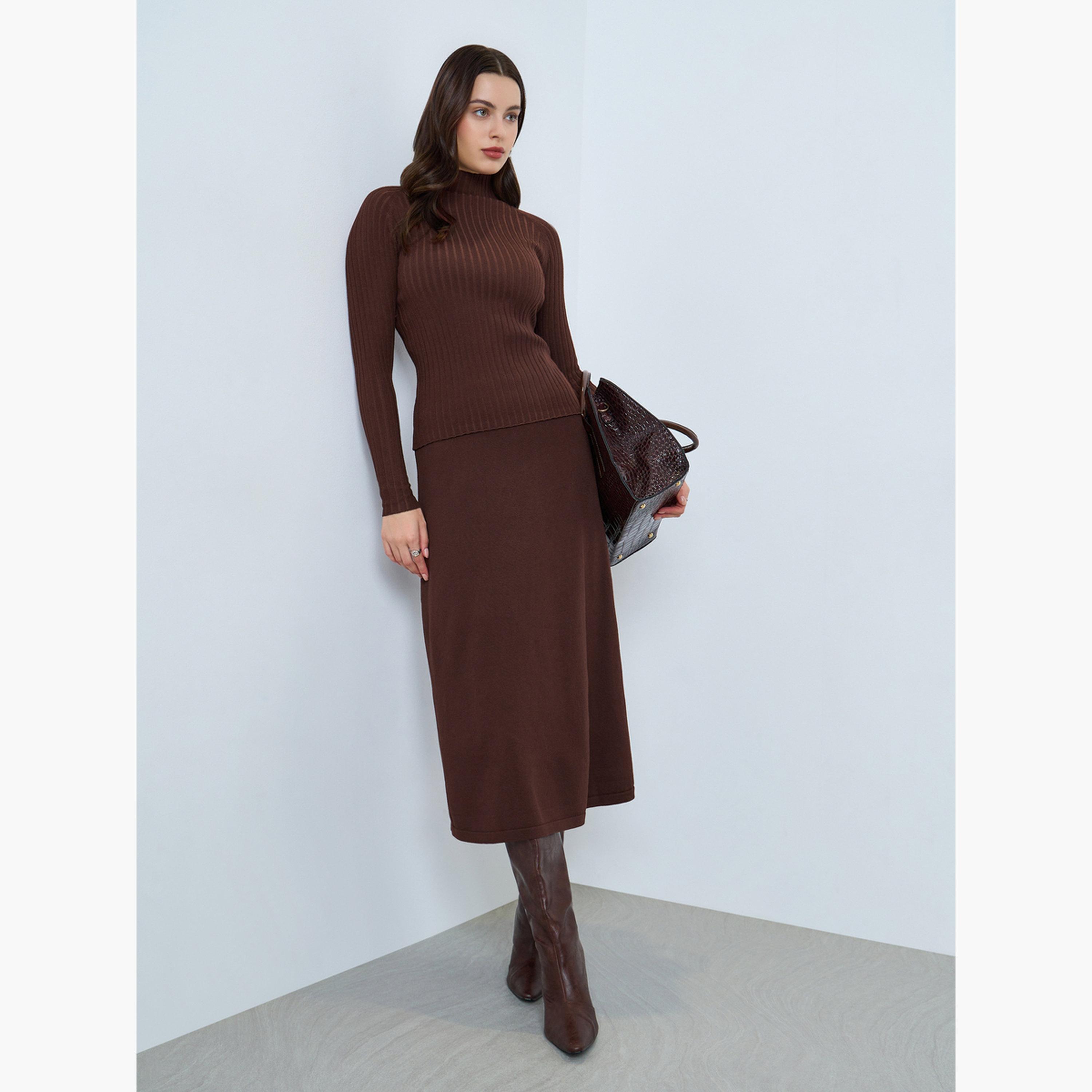 Styli Brown A-Line Flat Knit Midi Skirt-women-clothing-bottoms-skirts-image-2