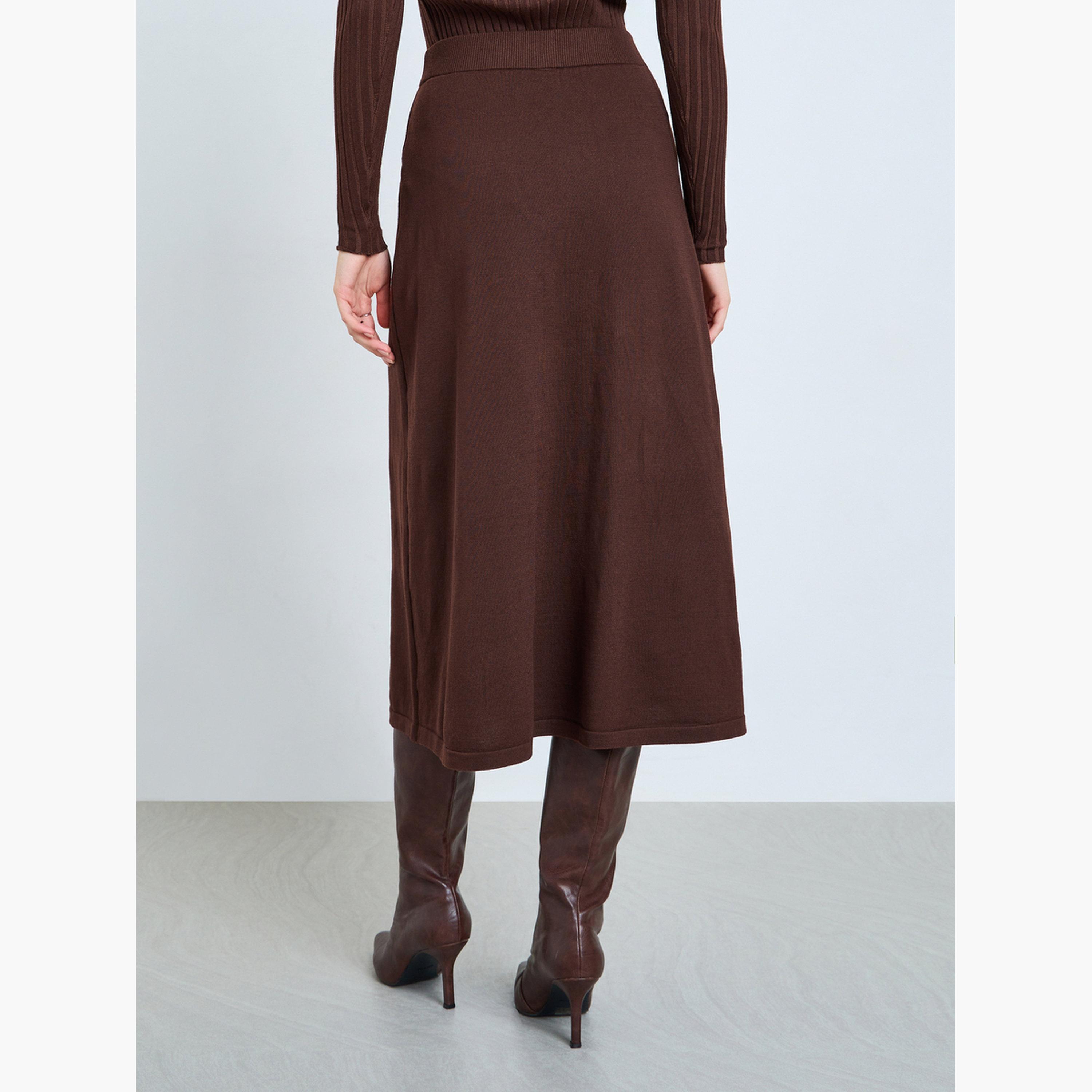 Styli Brown A-Line Flat Knit Midi Skirt-women-clothing-bottoms-skirts-image-3