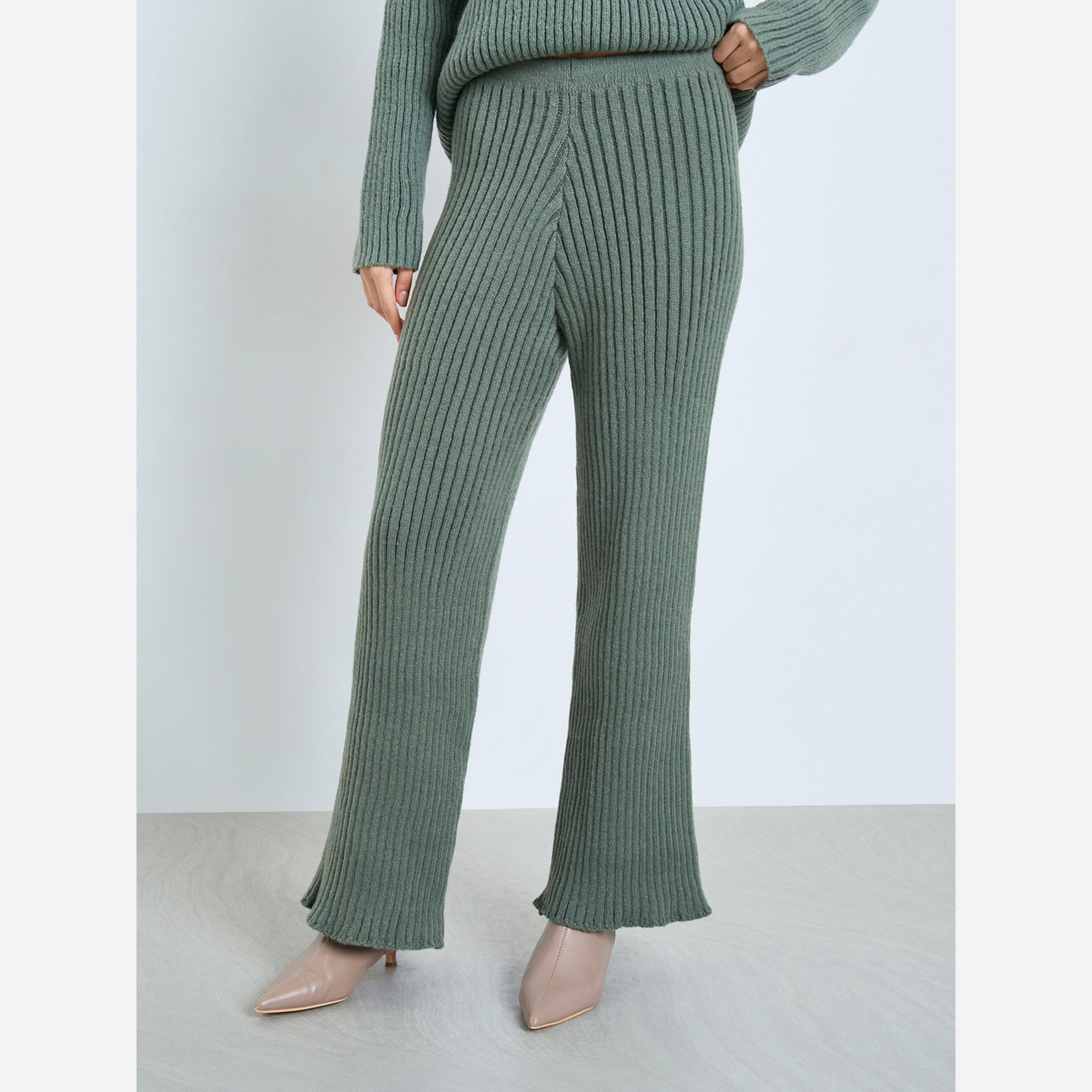 ستايلي - بنطال لون أخضر محبوك قصة مستقيمة-women-clothing-bottoms-trousers-image-1